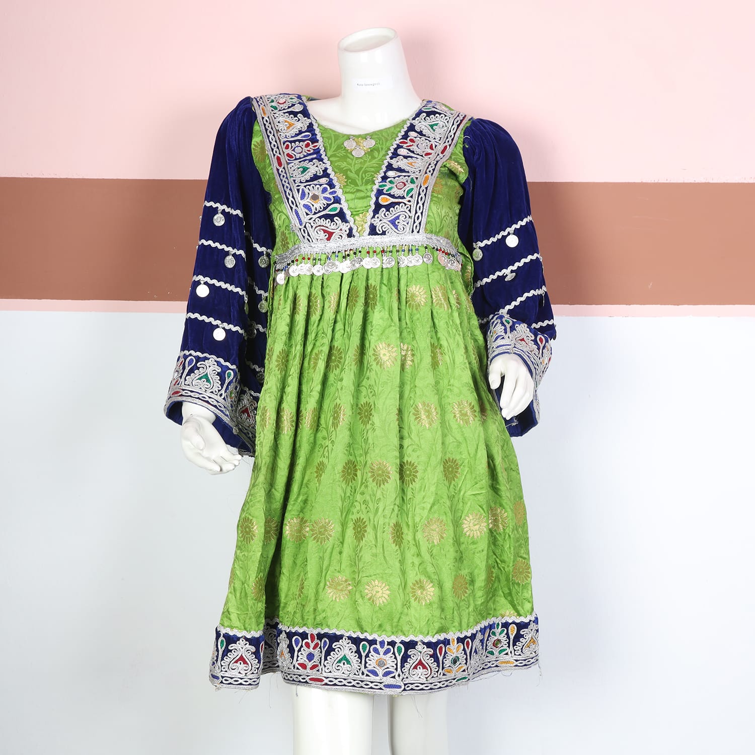 Green and Navy Blue Traditional Afghan Dress with Embroidery and Coin Detailing