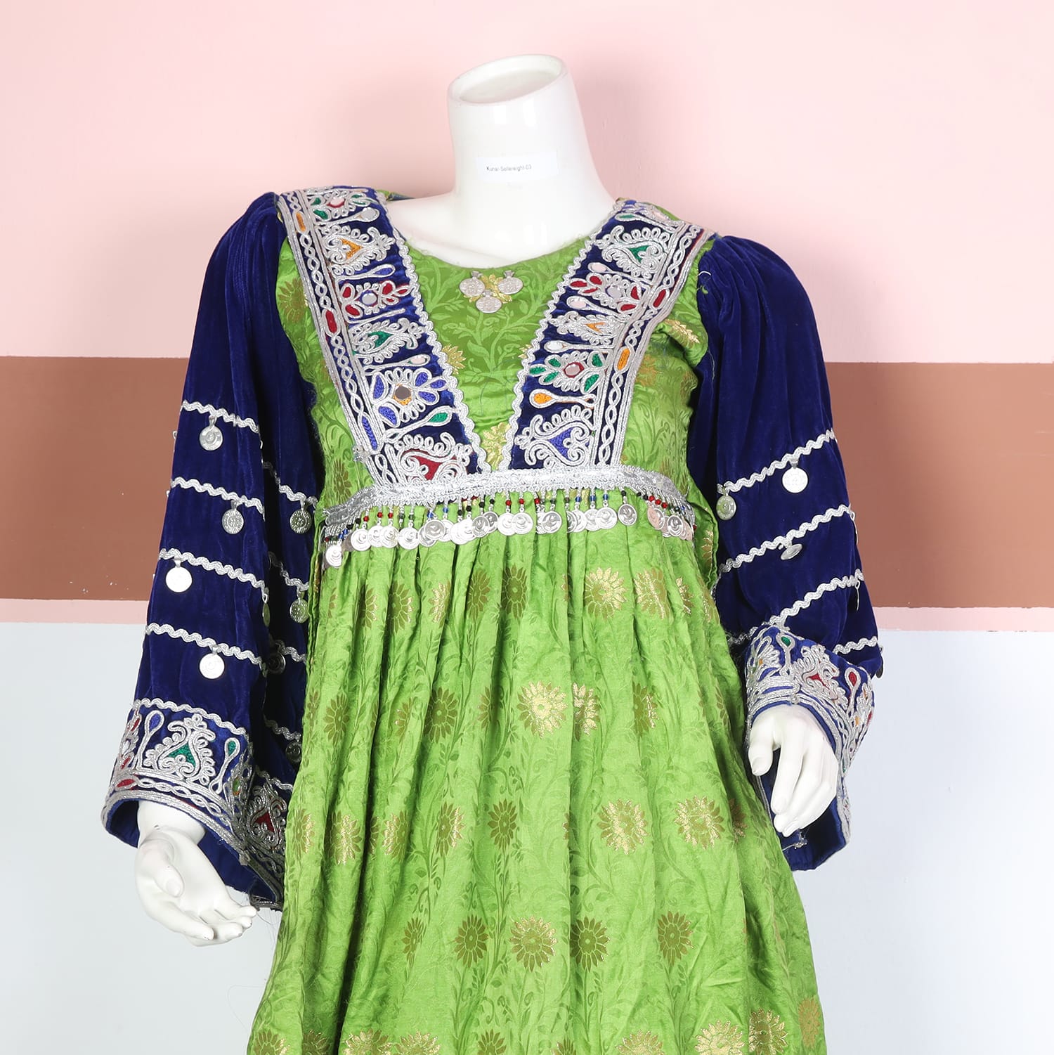 Green and Navy Blue Traditional Afghan Dress with Embroidery and Coin Detailing