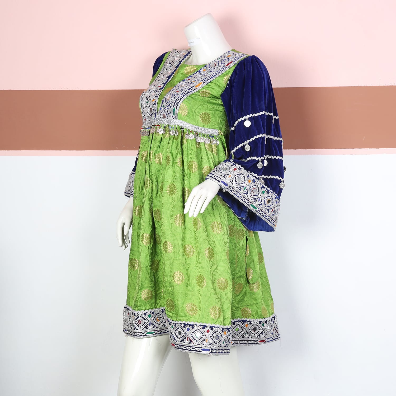 Green and Navy Blue Gand Afghani Dress with Geometric Silver Embroidery and Coin Accents
