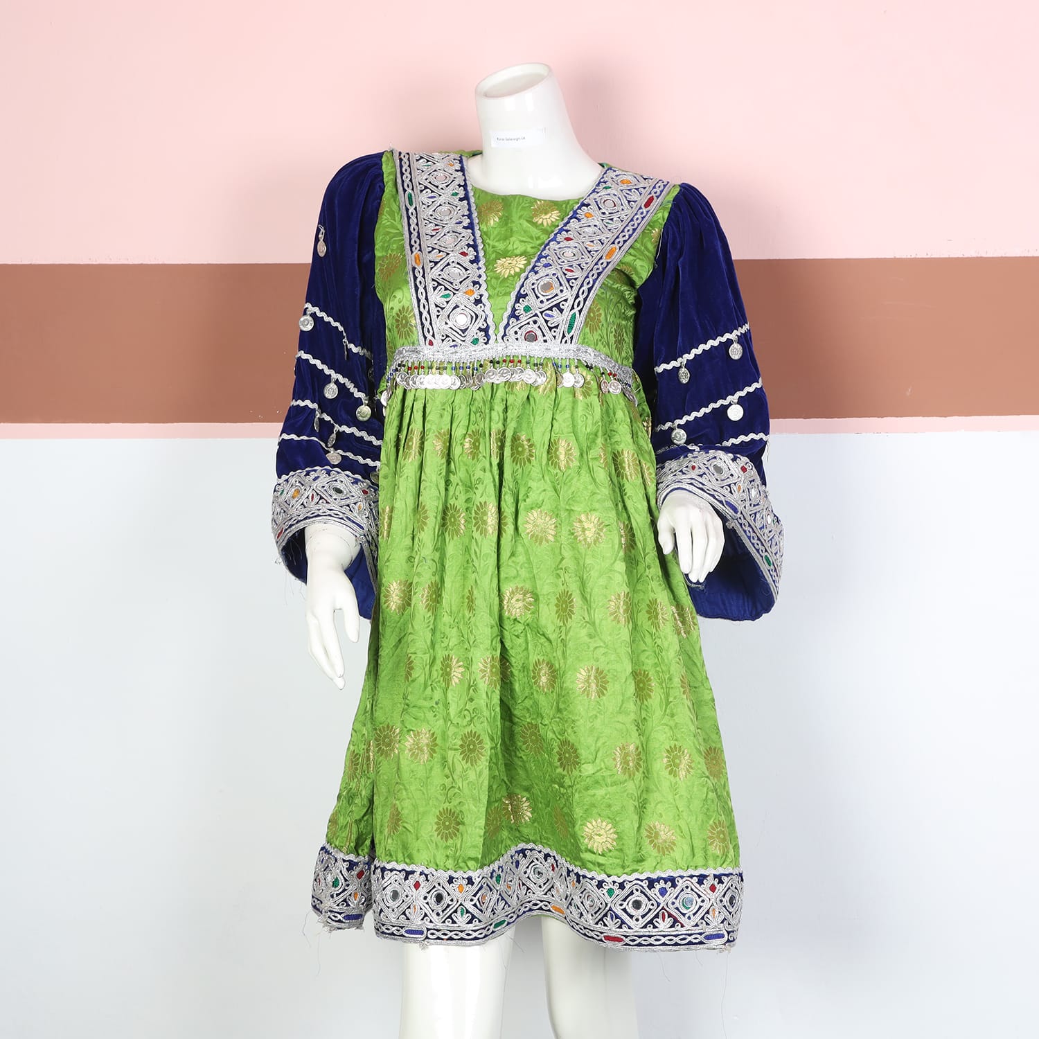Green and Navy Blue Gand Afghani Dress with Geometric Silver Embroidery and Coin Accents | Aseel Green and Navy Blue Gand Afghani Dress with Geometric Silver Embroidery and Coin Accents | Aseel