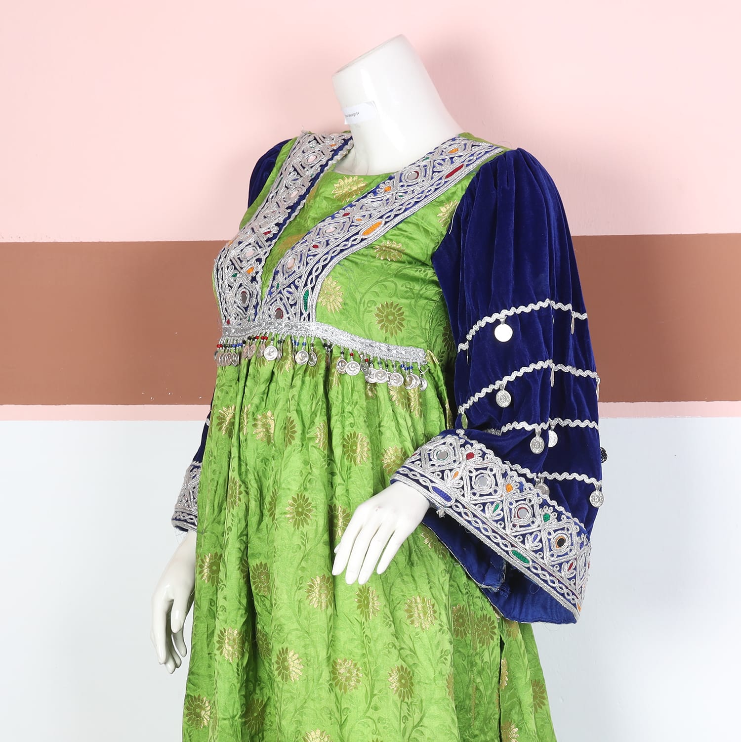 Green and Navy Blue Gand Afghani Dress with Geometric Silver Embroidery and Coin Accents