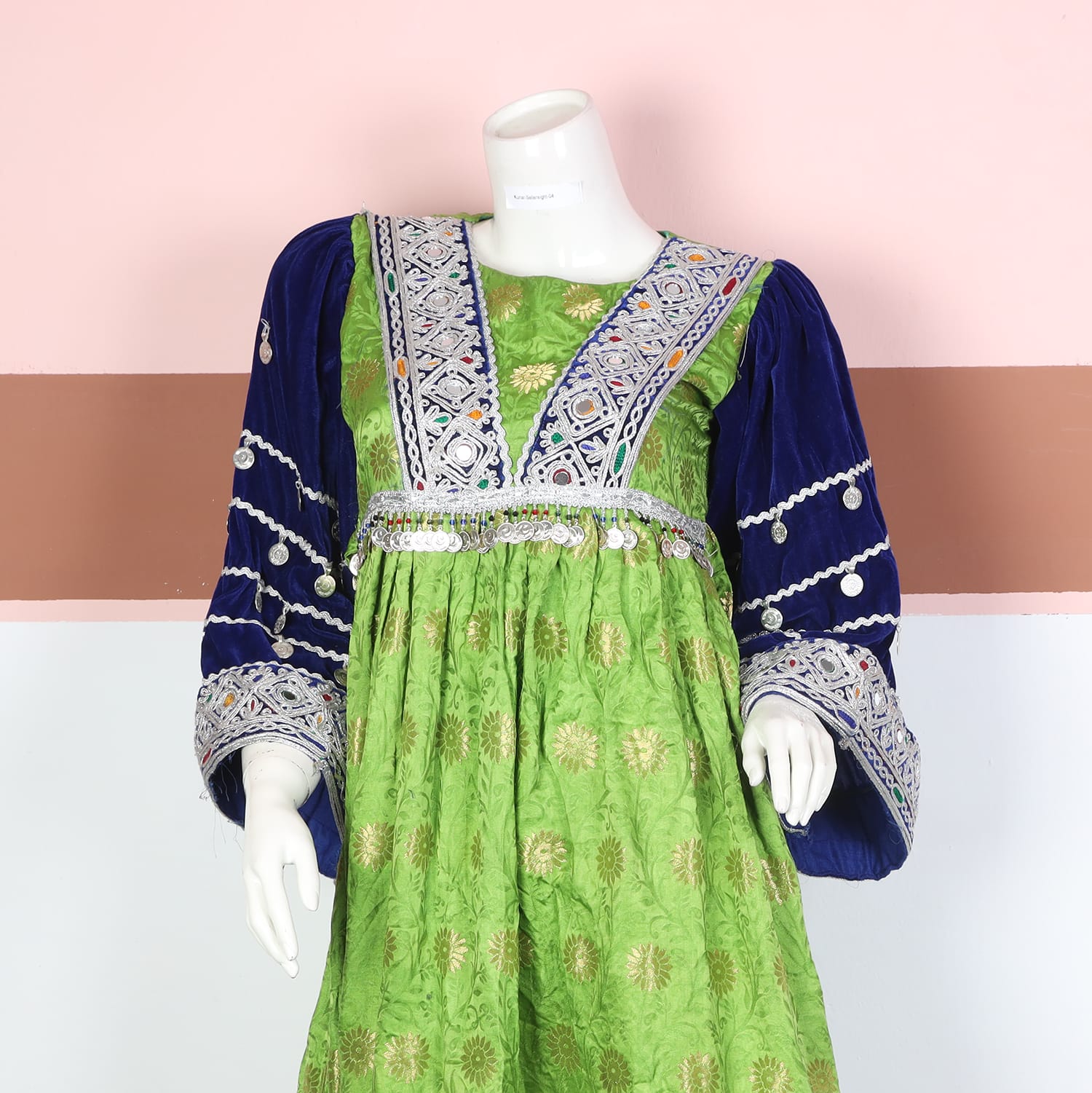 Green and Navy Blue Gand Afghani Dress with Geometric Silver Embroidery and  Coin Accents | Aseel
