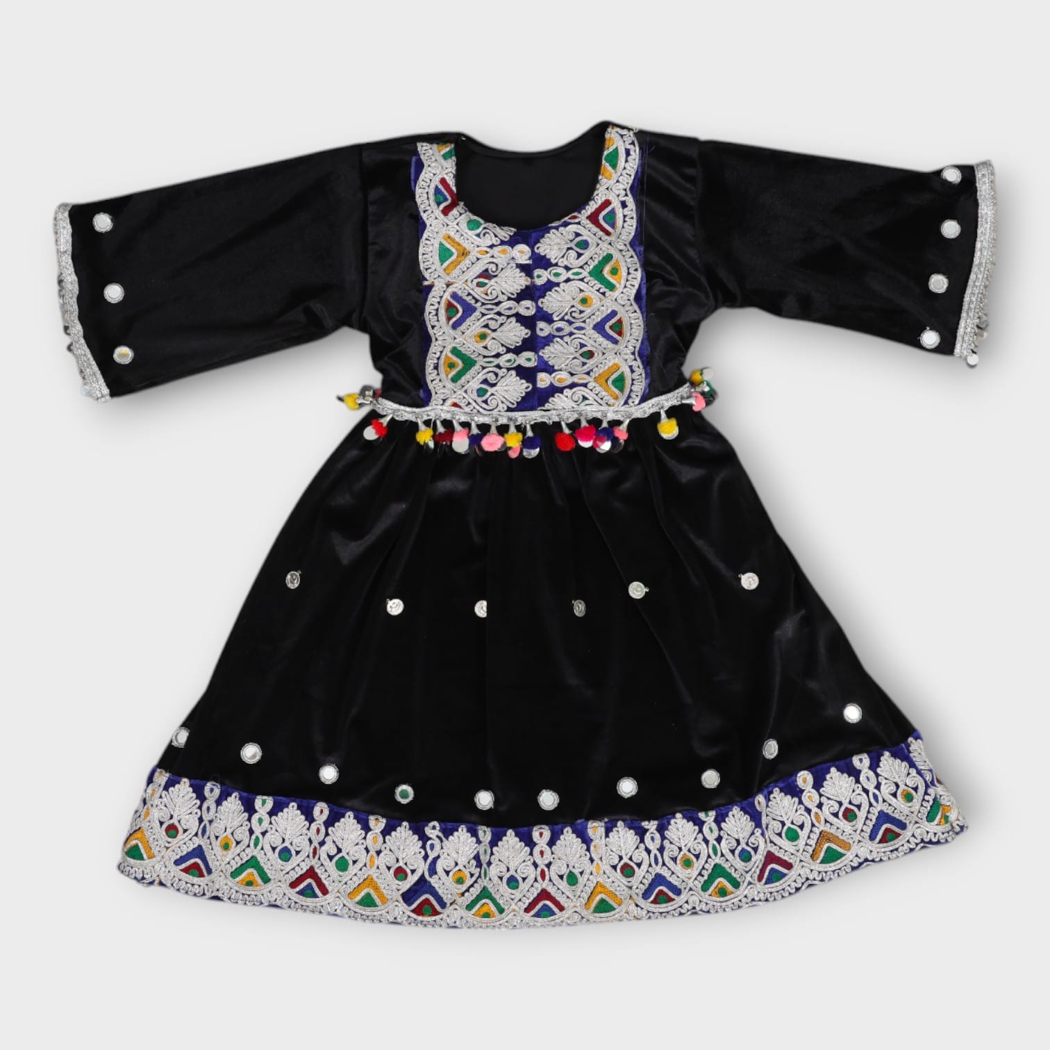 Black Velvet Afghan Girl’s Dress with Multicolor Embroidery and Pom-Poms
