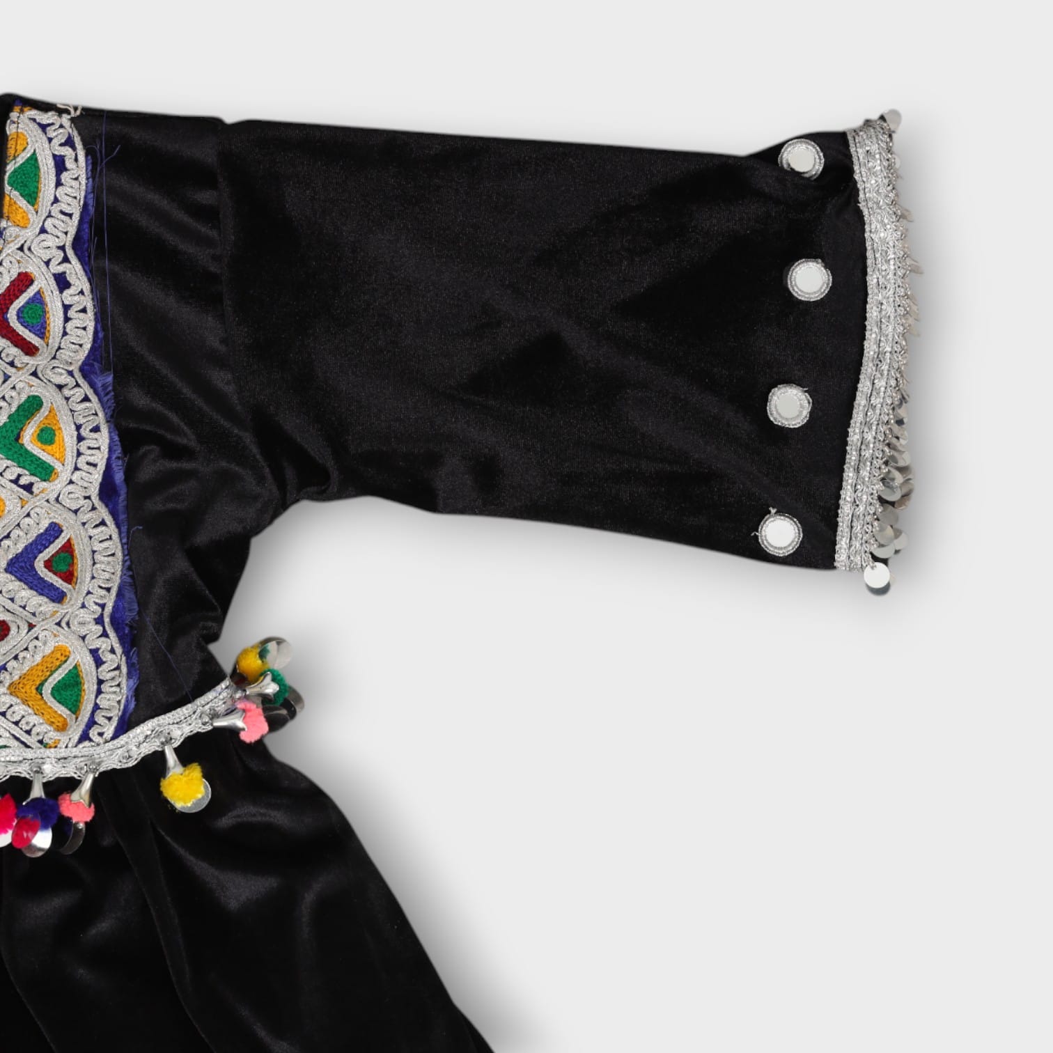 Black Velvet Afghan Girl’s Dress with Multicolor Embroidery and Pom-Poms
