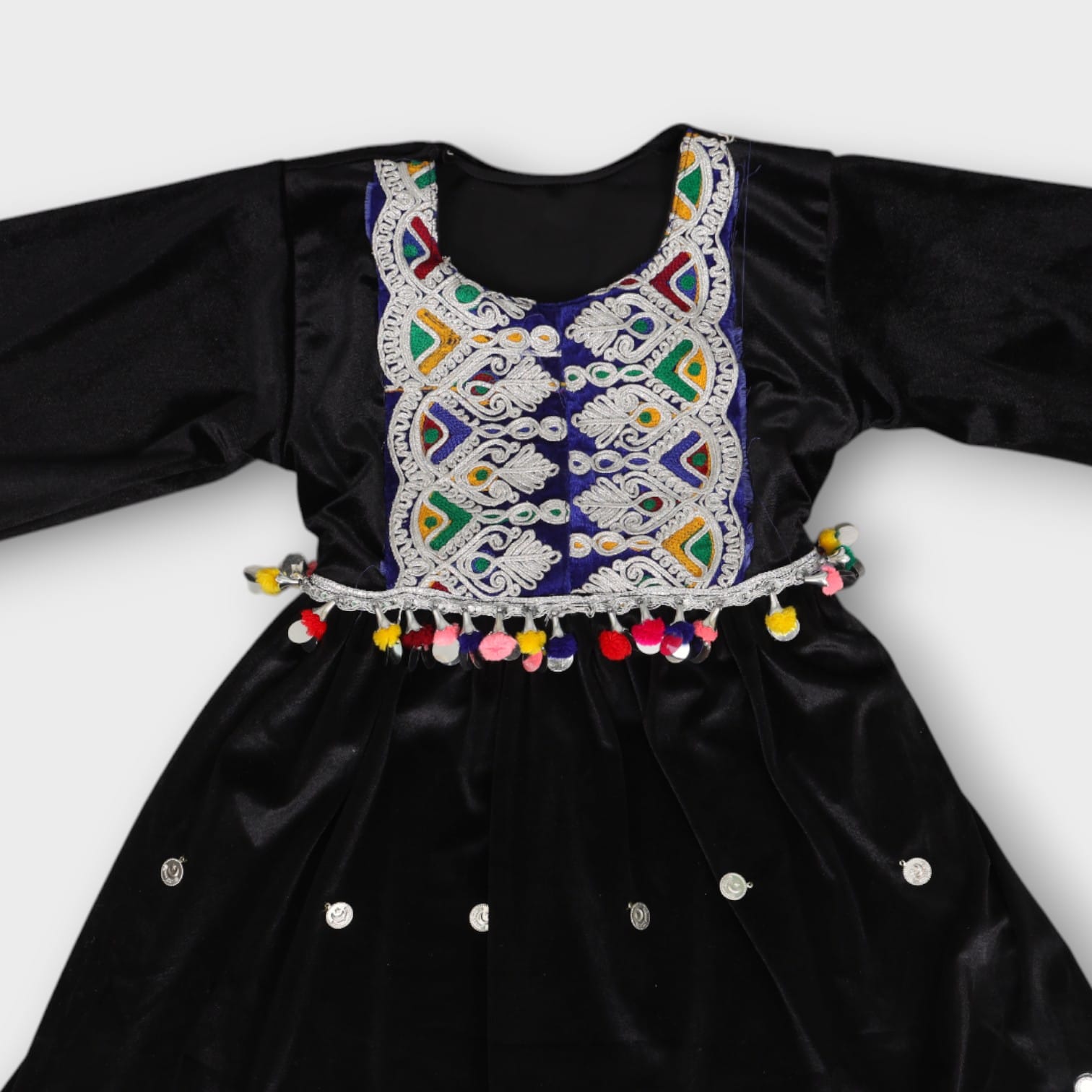 Black Velvet Afghan Girl’s Dress with Multicolor Embroidery and Pom-Poms