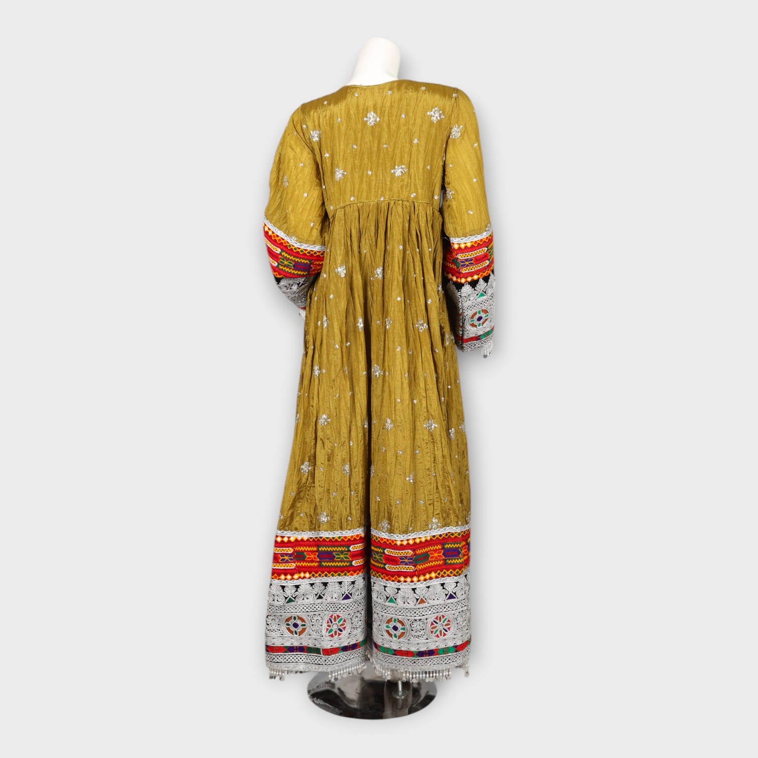 Traditional Mustard Long Afghan Dress with Multicolor Embroidery and Mirror Work