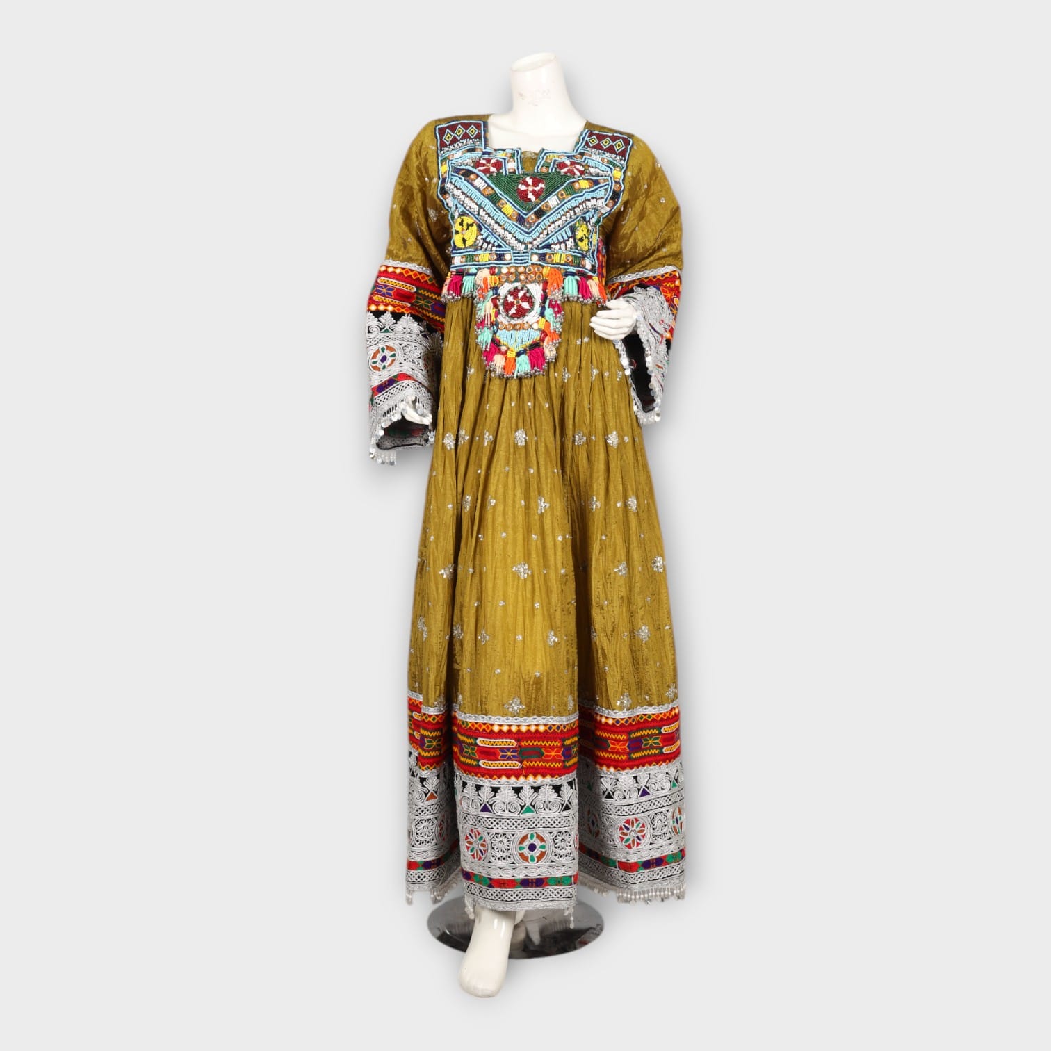 Traditional Mustard Long Afghan Dress with Multicolor Embroidery and Mirror Work