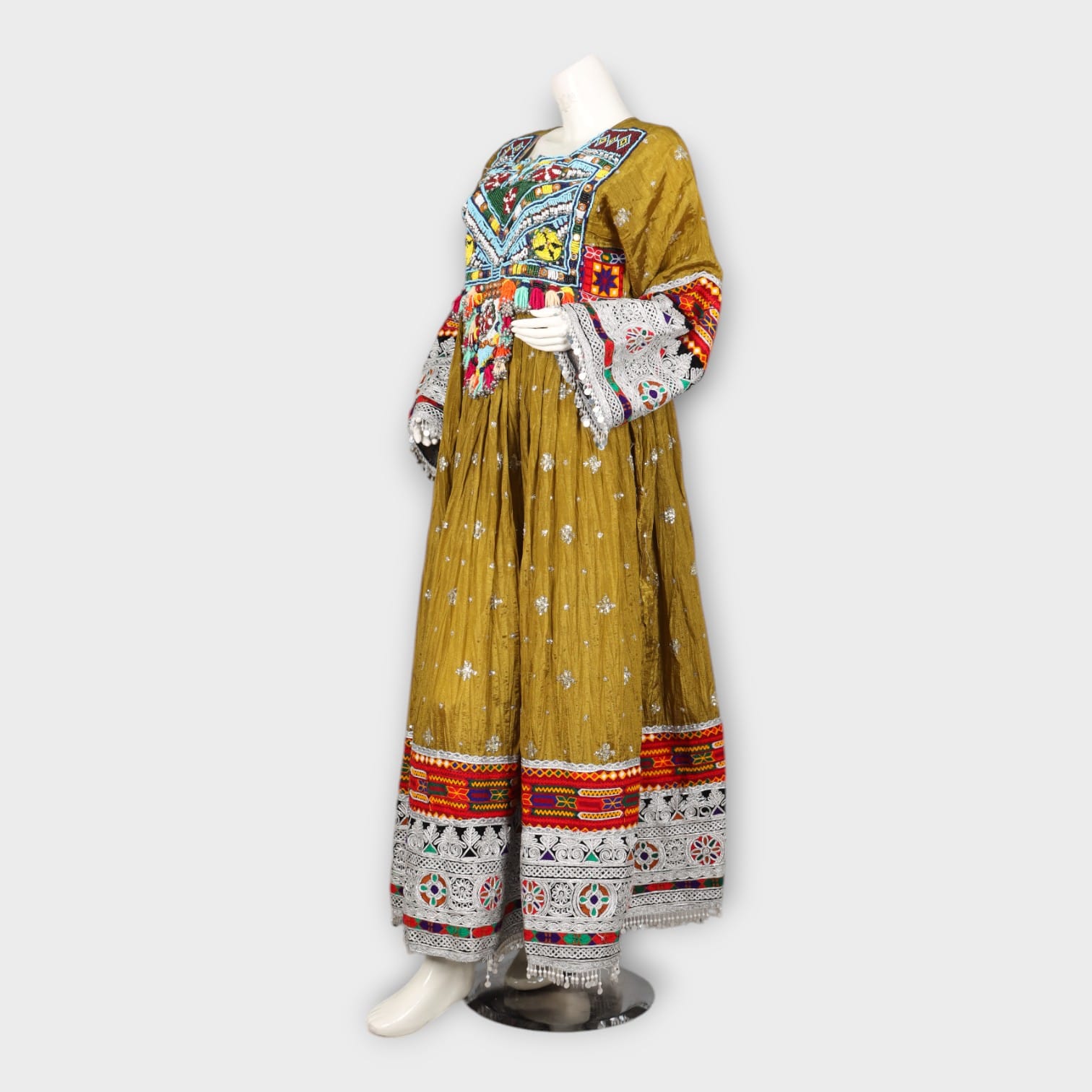 Traditional Mustard Long Afghan Dress with Multicolor Embroidery and Mirror Work