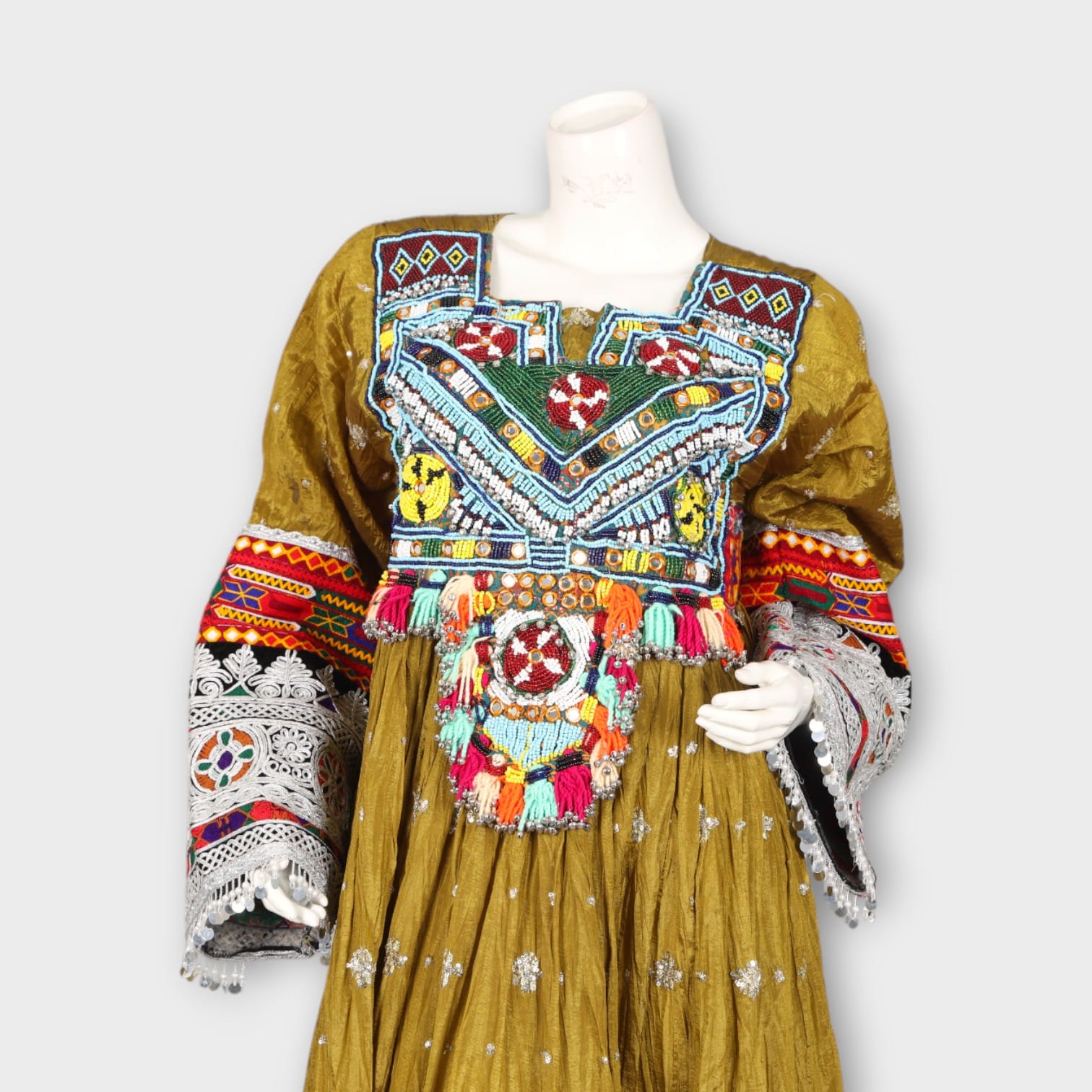 Traditional Mustard Long Afghan Dress with Multicolor Embroidery and Mirror Work