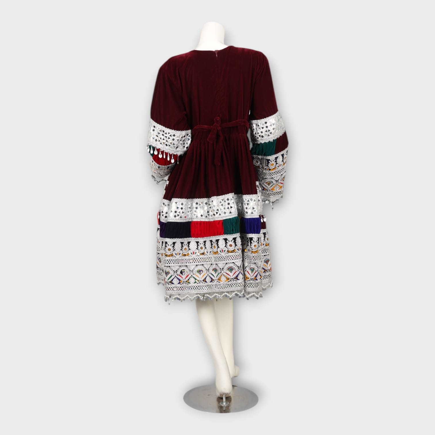 Burgundy Velvet Short Afghan Dress with Silver Embroidery and Multicolor Detailing