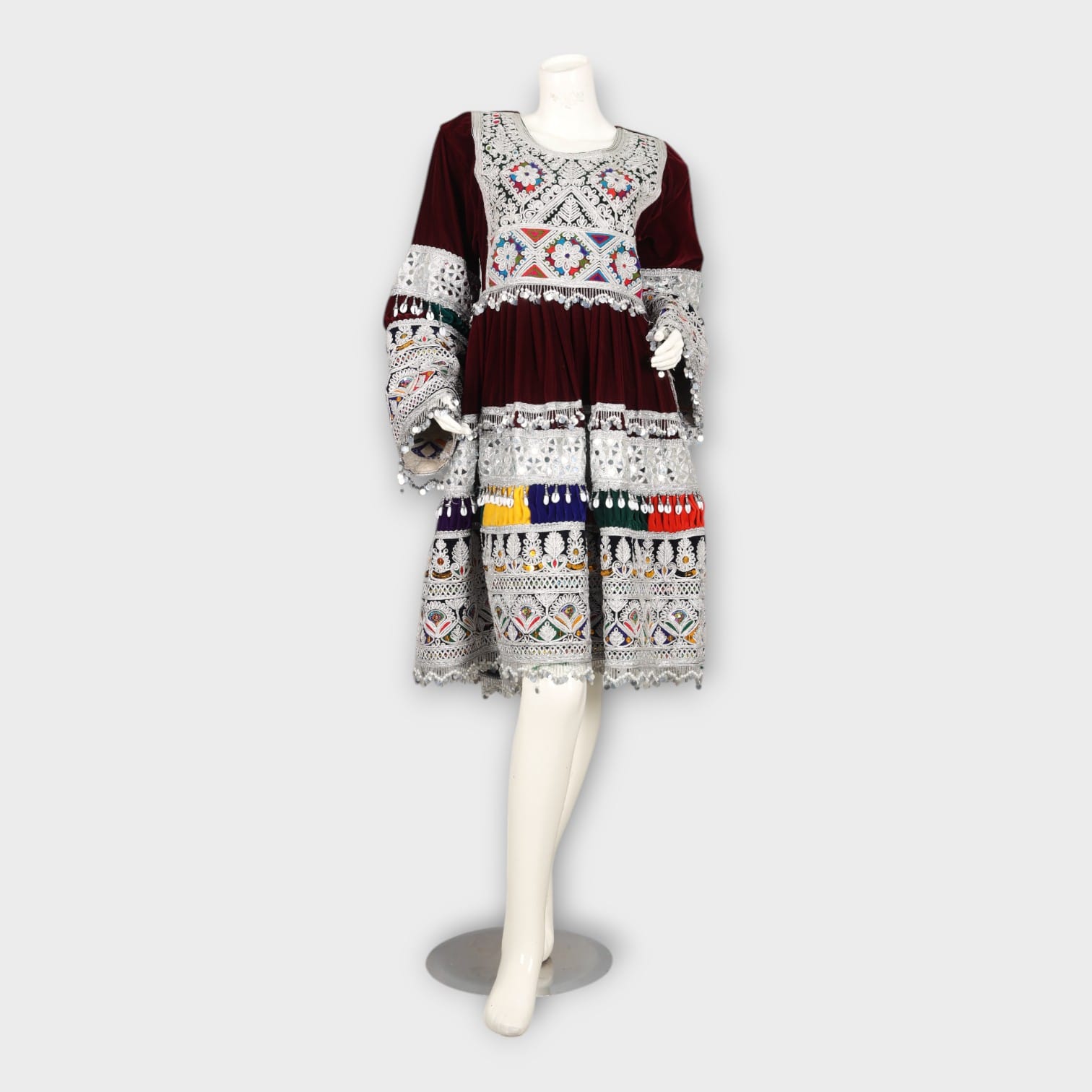Burgundy Velvet Short Afghan Dress with Silver Embroidery and Multicolor Detailing