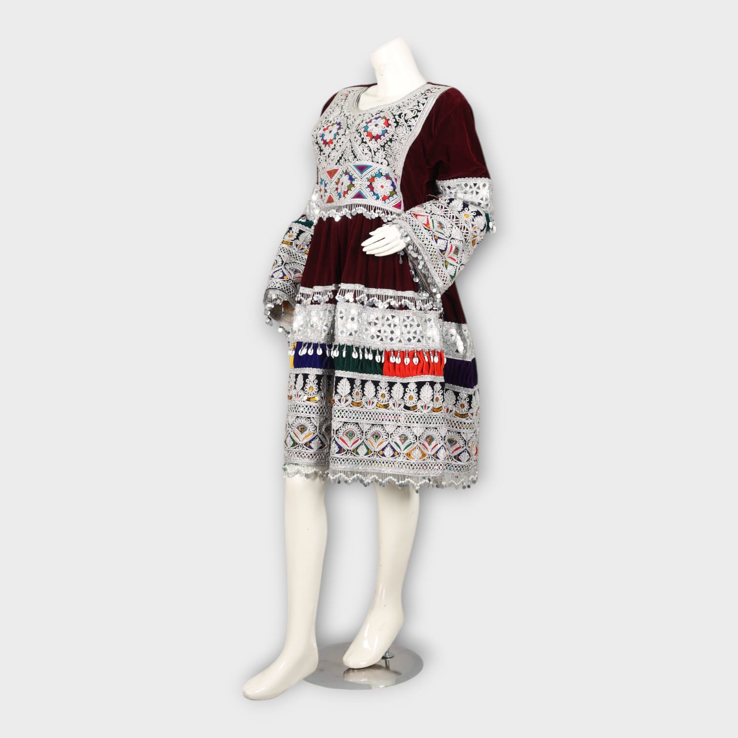 Burgundy Velvet Short Afghan Dress with Silver Embroidery and Multicolor Detailing