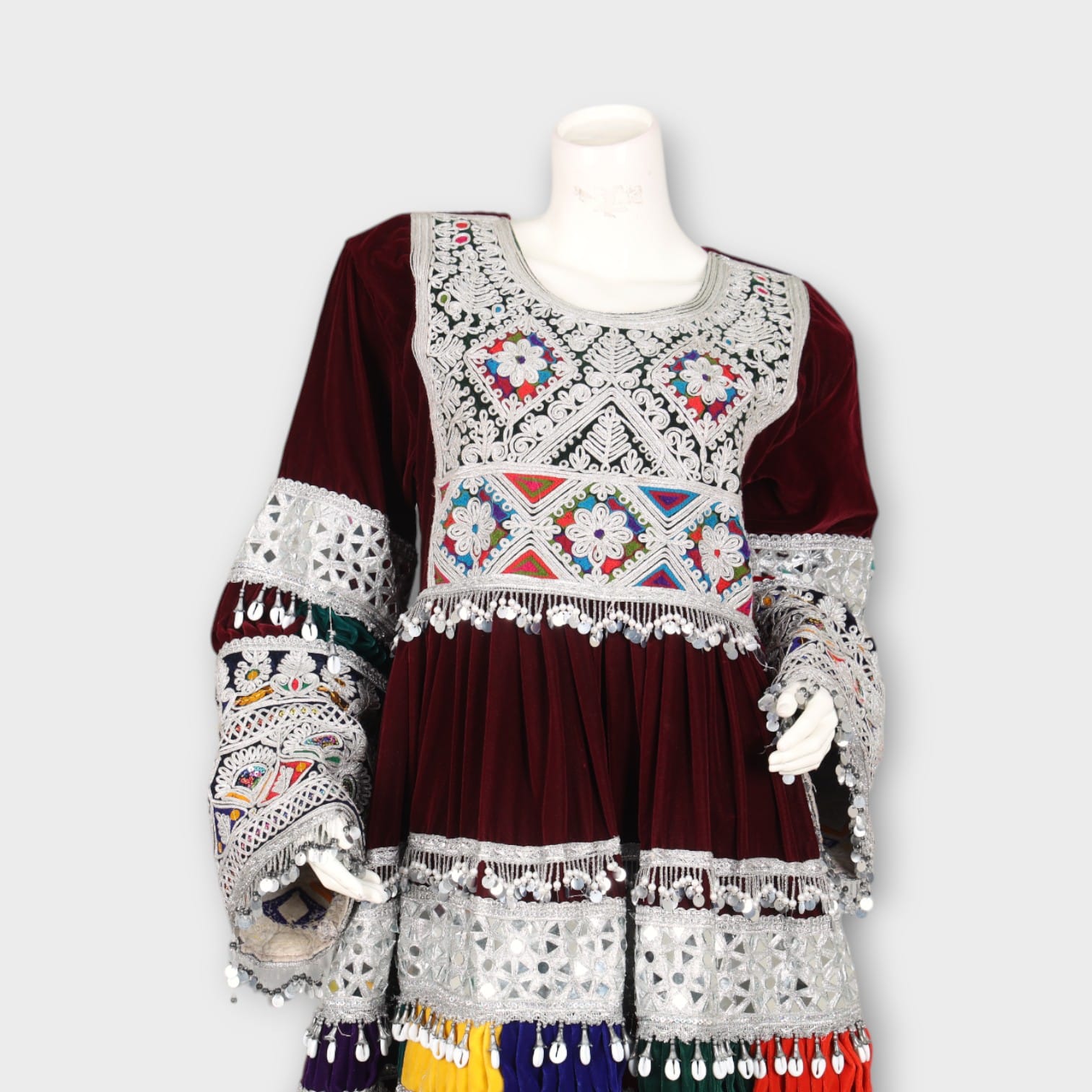 Burgundy Velvet Short Afghan Dress with Silver Embroidery and Multicolor Detailing