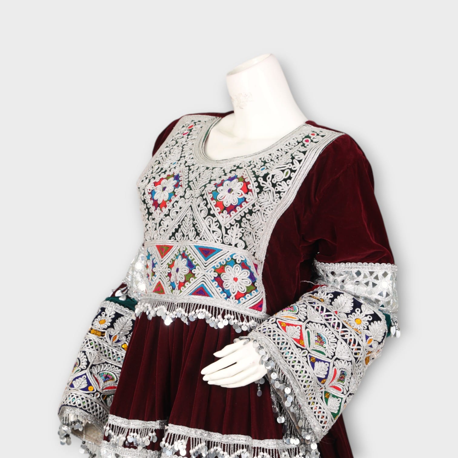 Burgundy Velvet Short Afghan Dress with Silver Embroidery and Multicolor Detailing