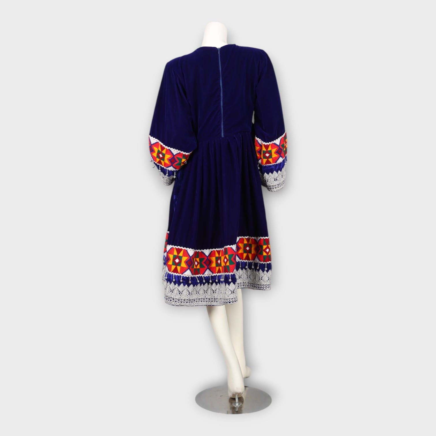 Navy Blue Traditional Afghan Dress with Red Dupatta and Colorful Embroidery