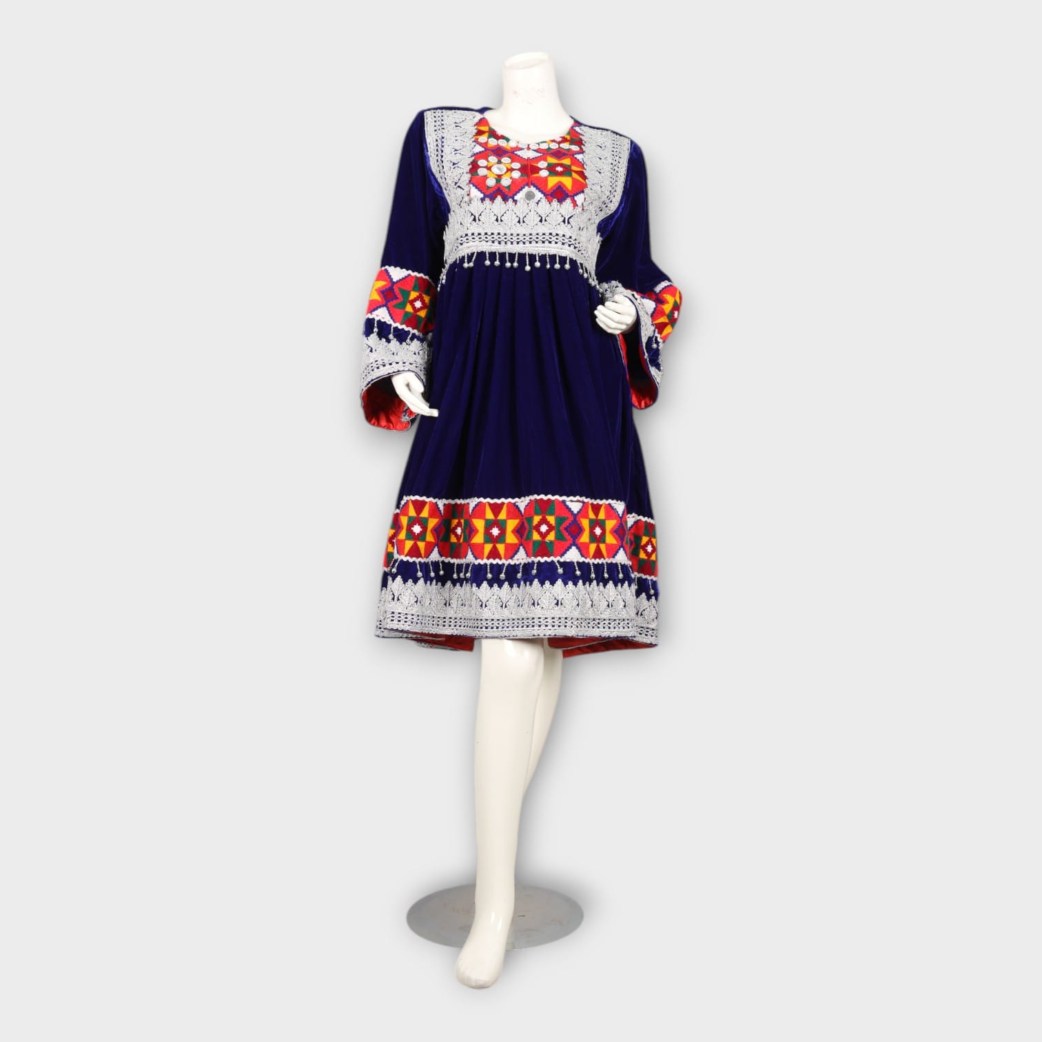 Navy Blue Traditional Afghan Dress with Red Dupatta and Colorful Embroidery