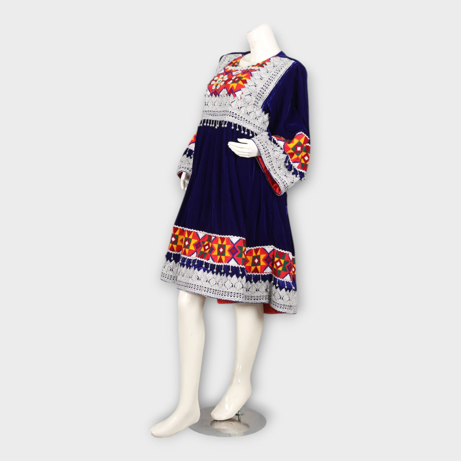 Navy Blue Traditional Afghan Dress with Red Dupatta and Colorful Embroidery