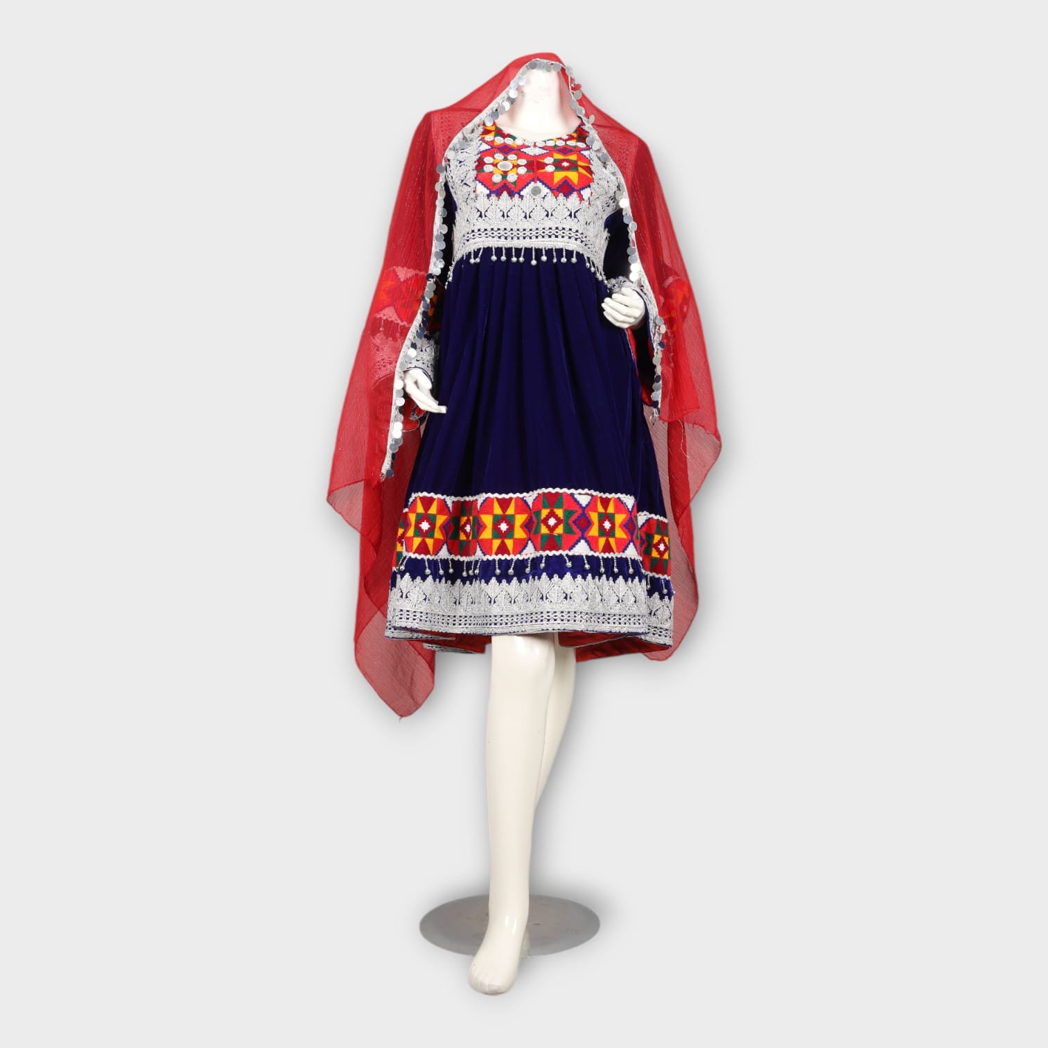 Navy Blue Traditional Afghan Dress with Red Dupatta and Colorful Embroidery