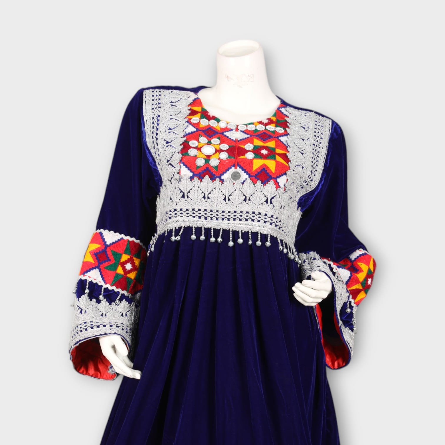 Navy Blue Traditional Afghan Dress with Red Dupatta and Colorful Embroidery
