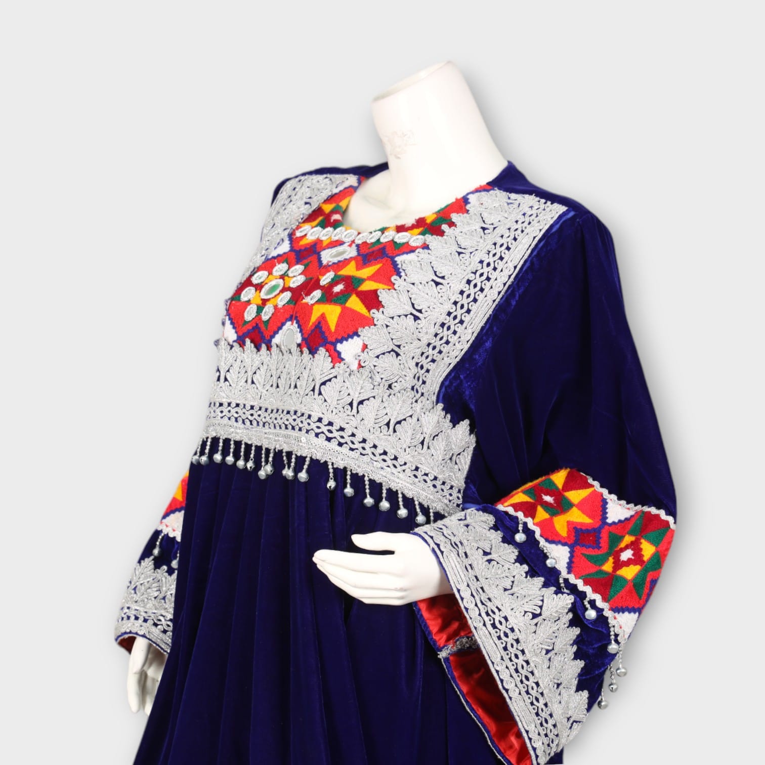 Navy Blue Traditional Afghan Dress with Red Dupatta and Colorful Embroidery