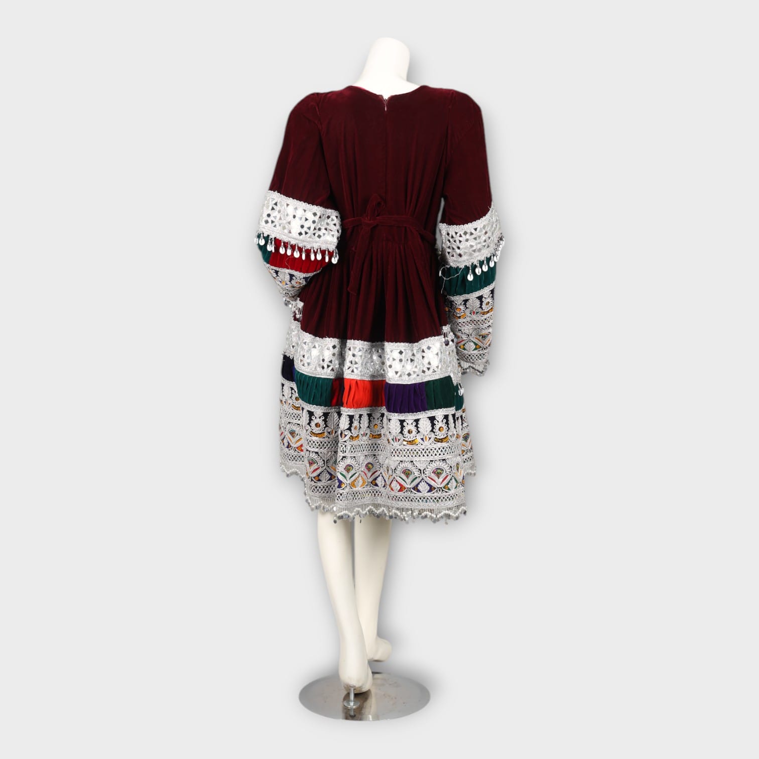 Maroon Velvet Short Afghan Dress with Silver Embroidery and Multicolor Traditional Patterns