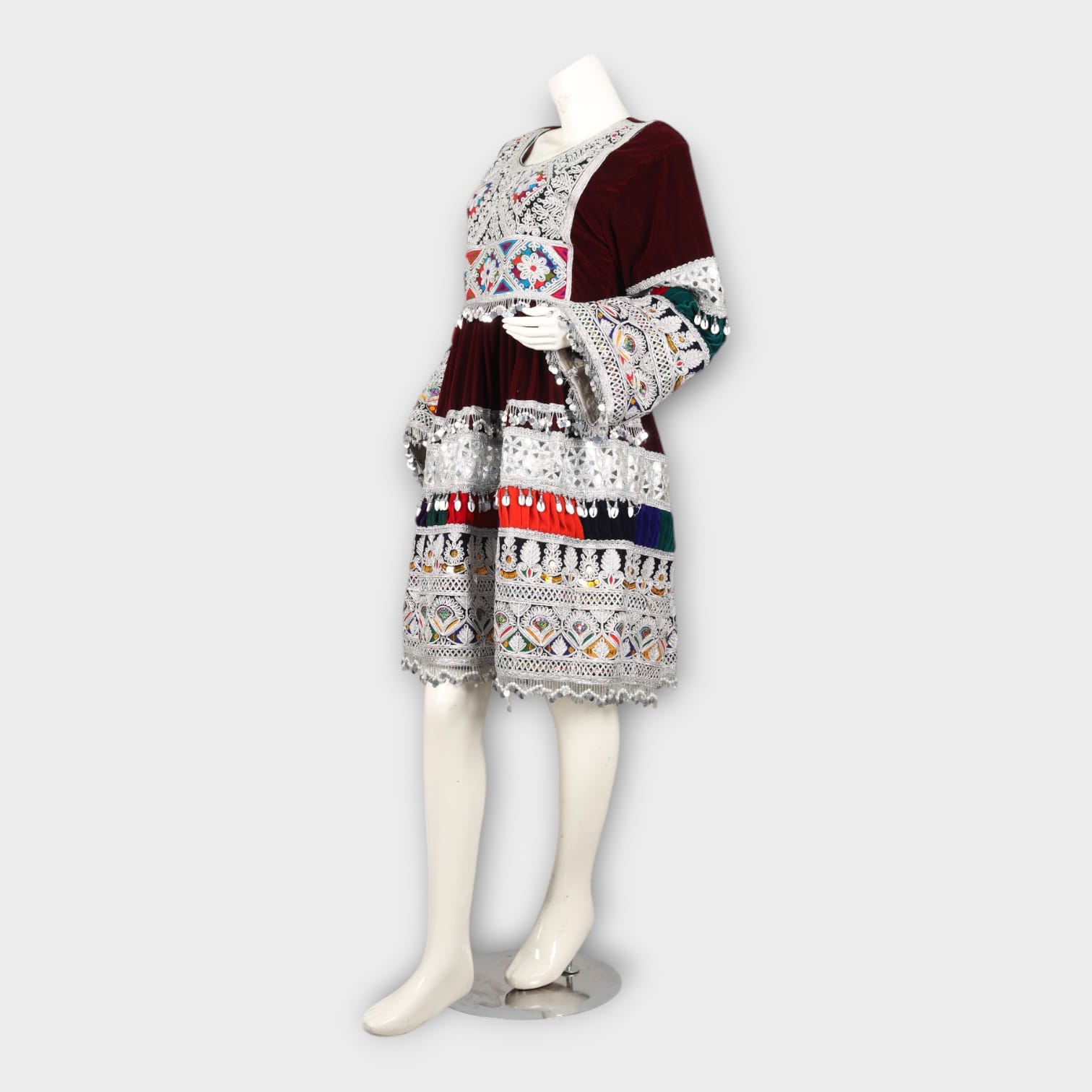 Maroon Velvet Short Afghan Dress with Silver Embroidery and Multicolor Traditional Patterns