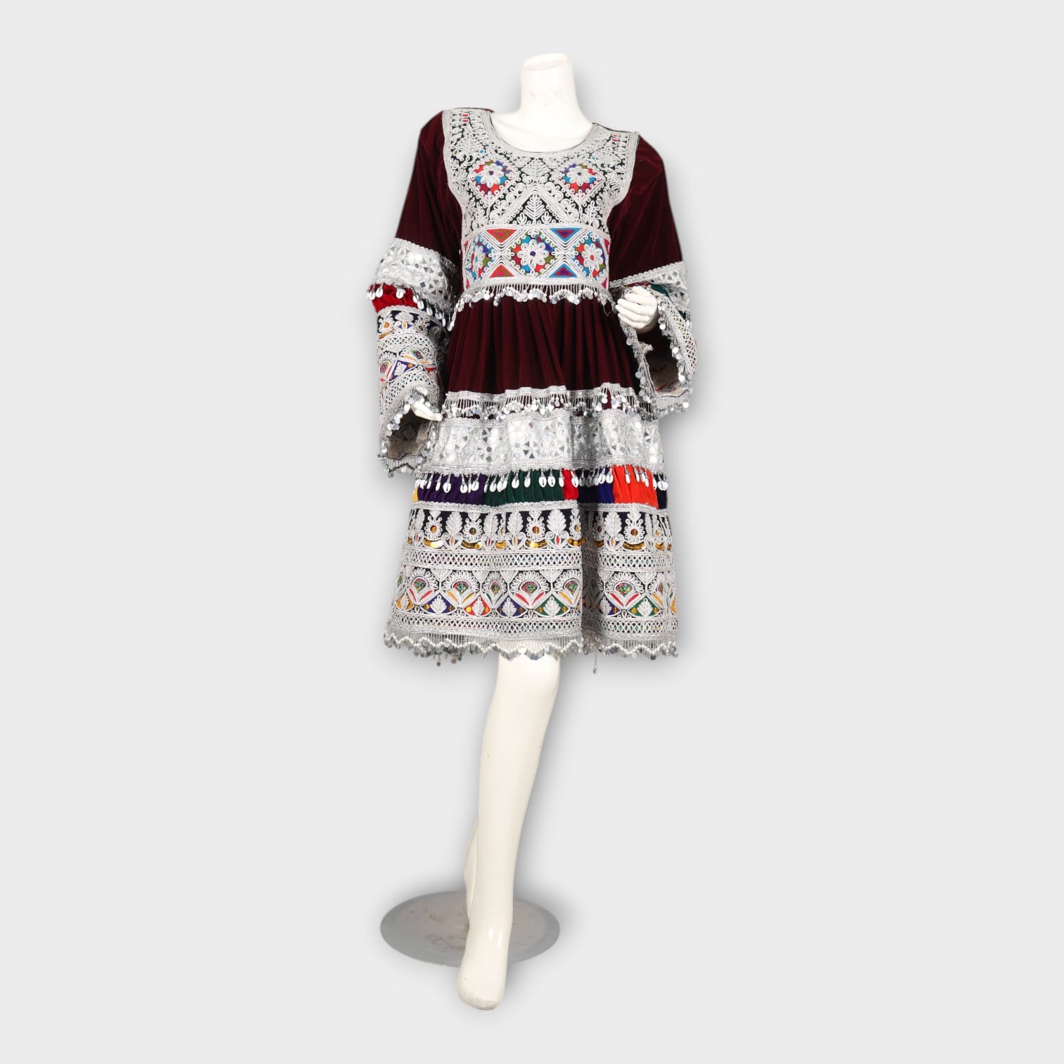 Maroon Velvet Short Afghan Dress with Silver Embroidery and Multicolor Traditional Patterns