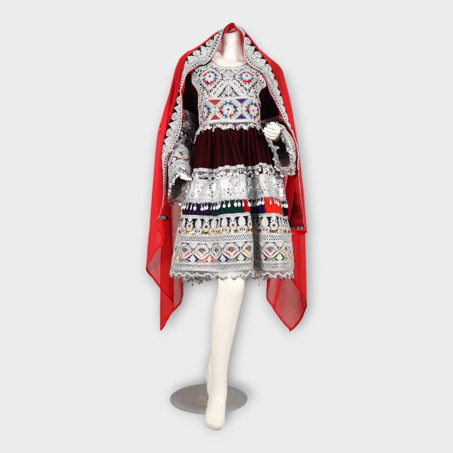 Maroon Velvet Short Afghan Dress with Silver Embroidery and Multicolor Traditional Patterns