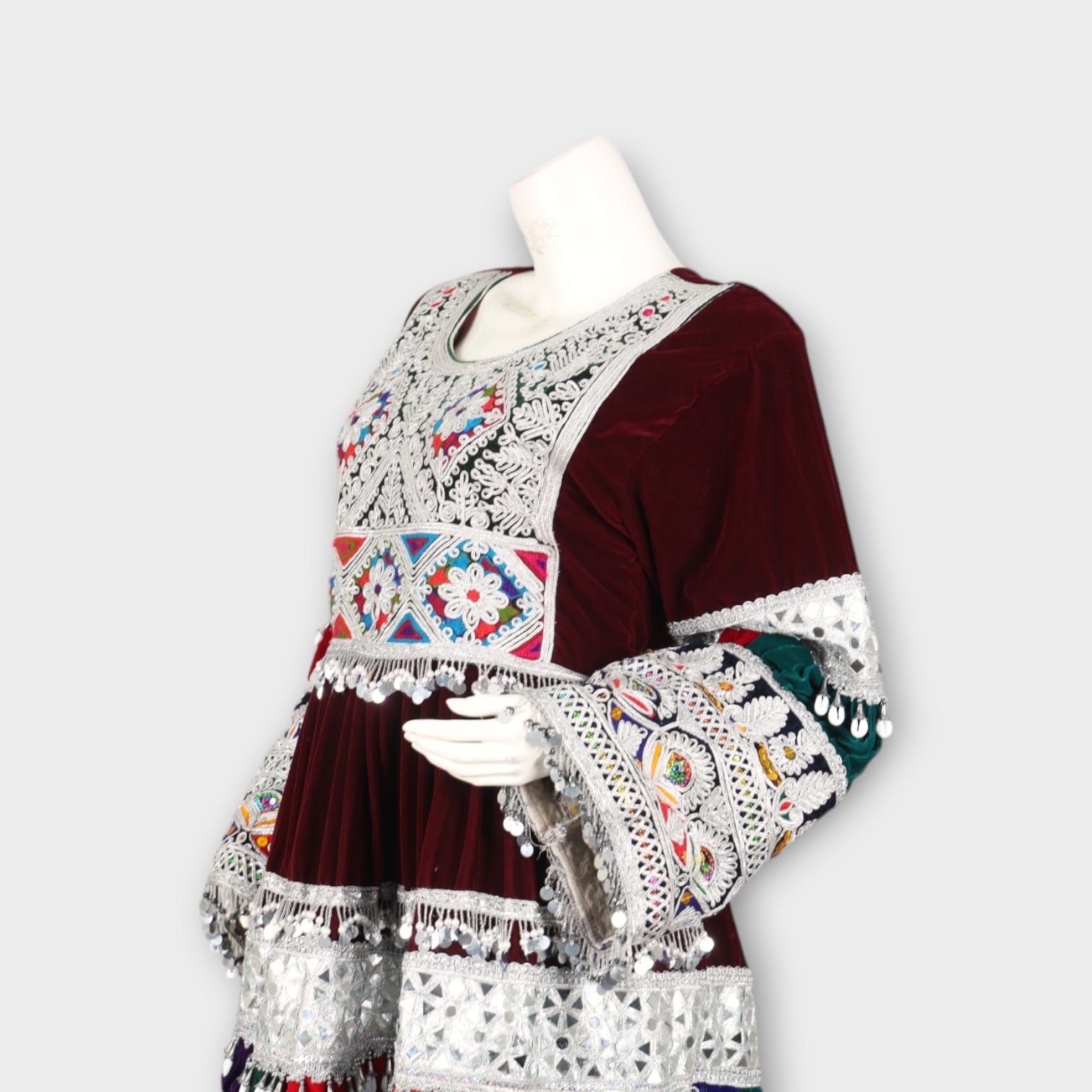 Maroon Velvet Short Afghan Dress with Silver Embroidery and Multicolor Traditional Patterns