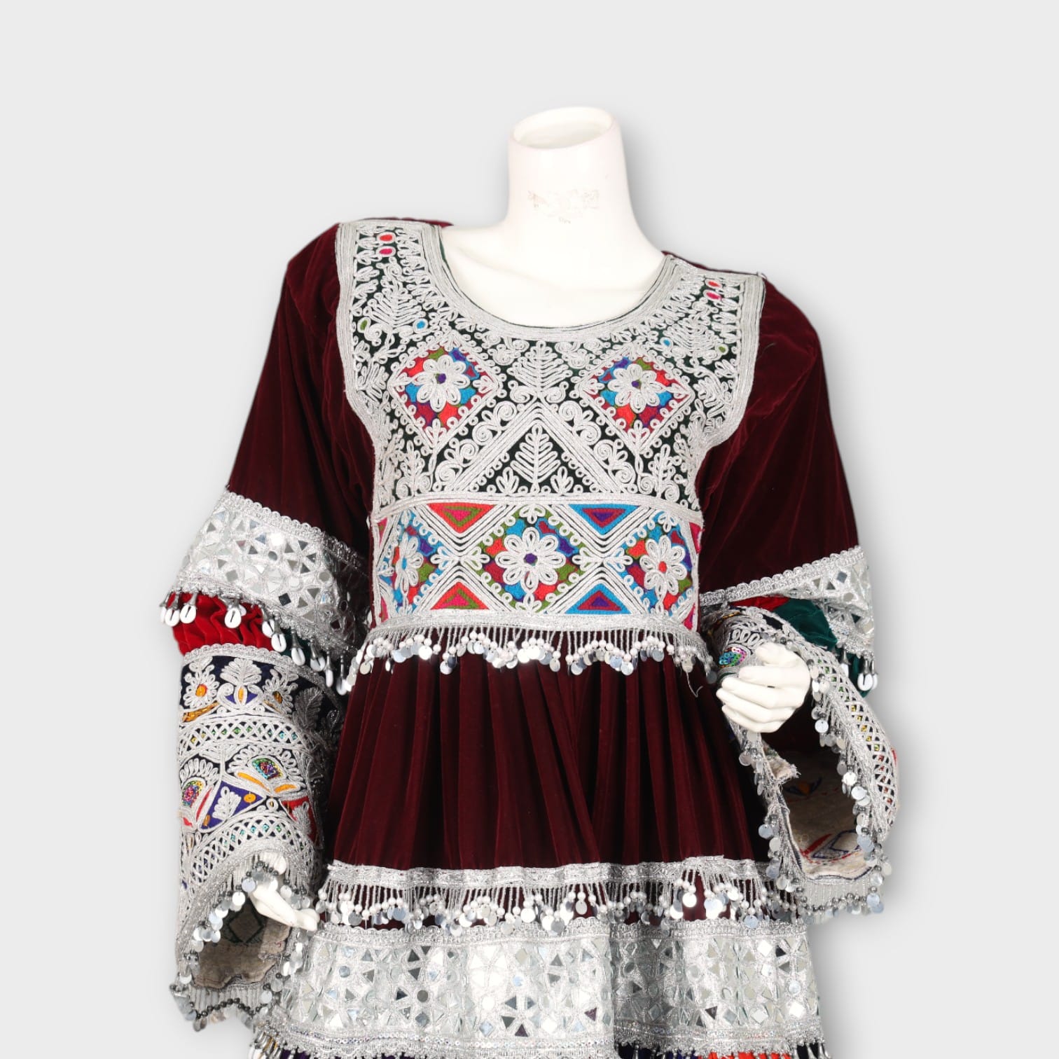 Maroon Velvet Short Afghan Dress with Silver Embroidery and Multicolor Traditional Patterns