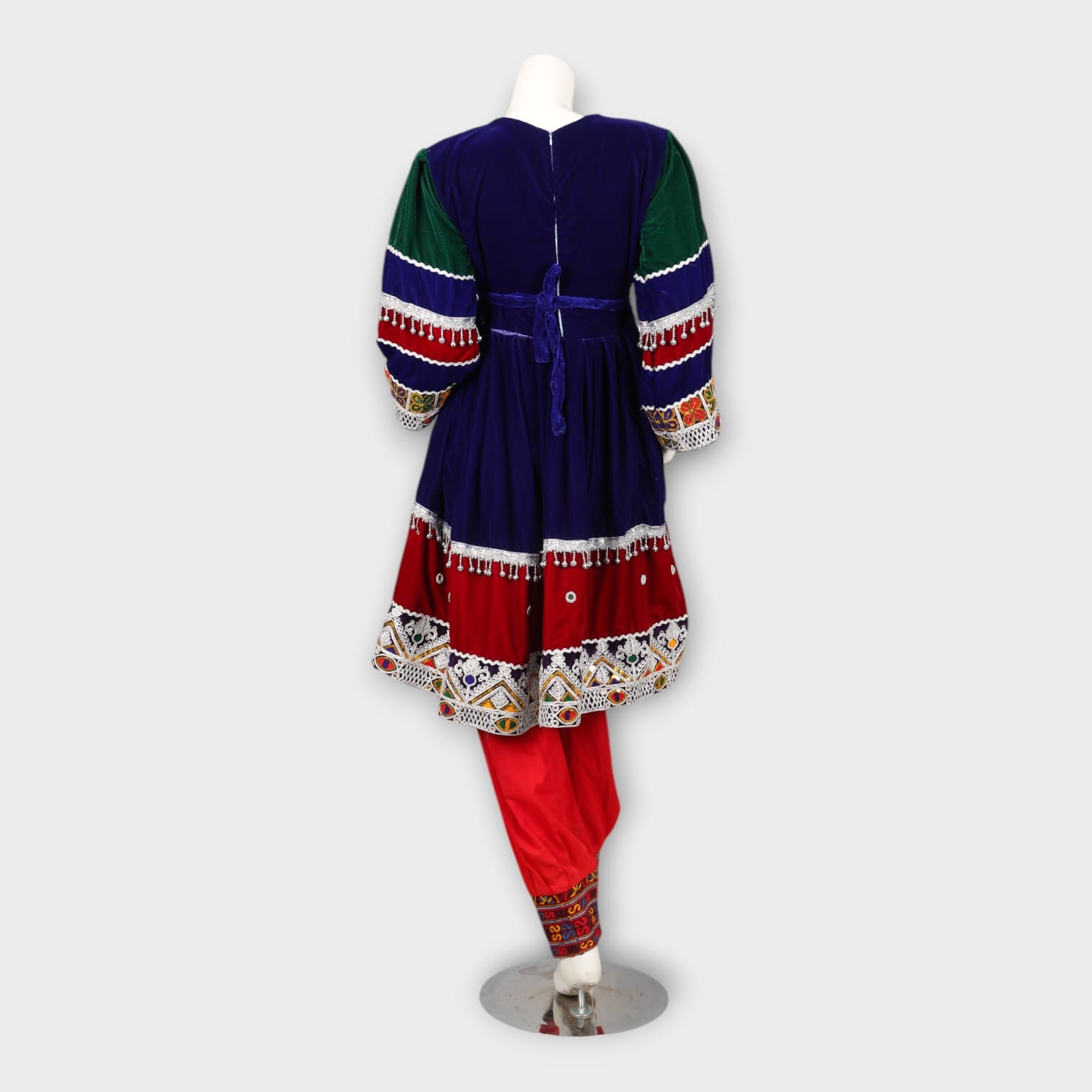 Navy and Red Traditional Afghan Three-Piece Dress with Embroidery and Red Dupatta