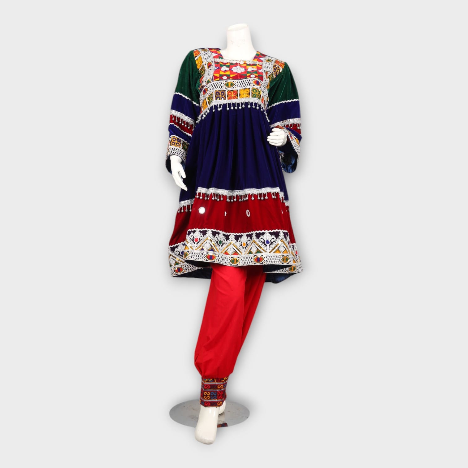 Navy and Red Traditional Afghan Three-Piece Dress with Embroidery and Red Dupatta