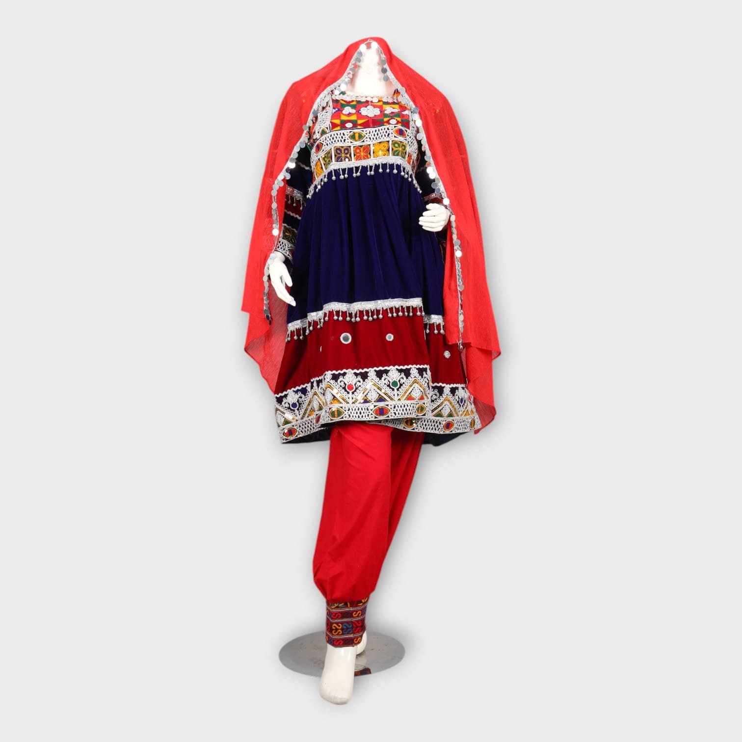 Navy and Red Traditional Afghan Three-Piece Dress with Embroidery and Red Dupatta