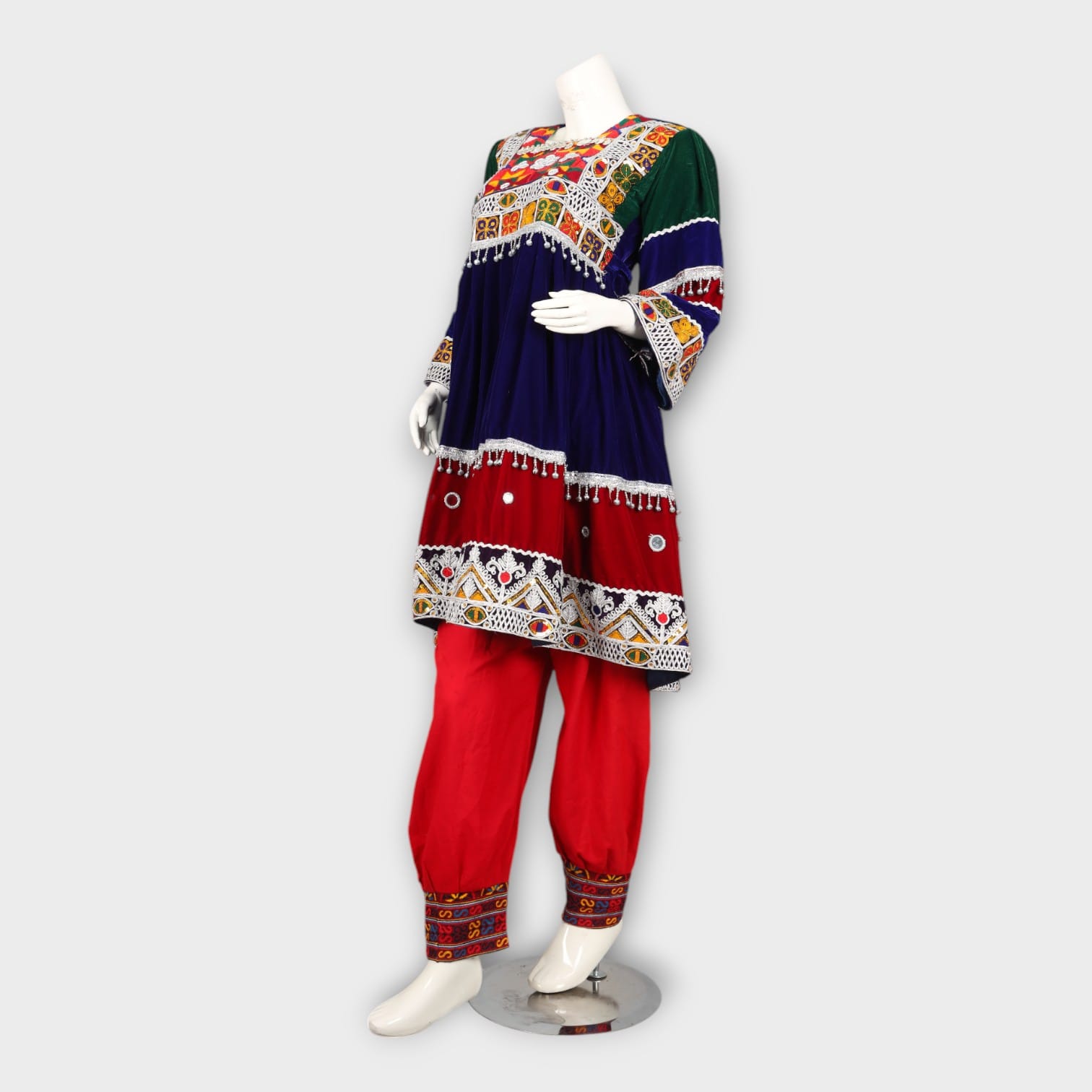 Navy and Red Traditional Afghan Three-Piece Dress with Embroidery and Red Dupatta
