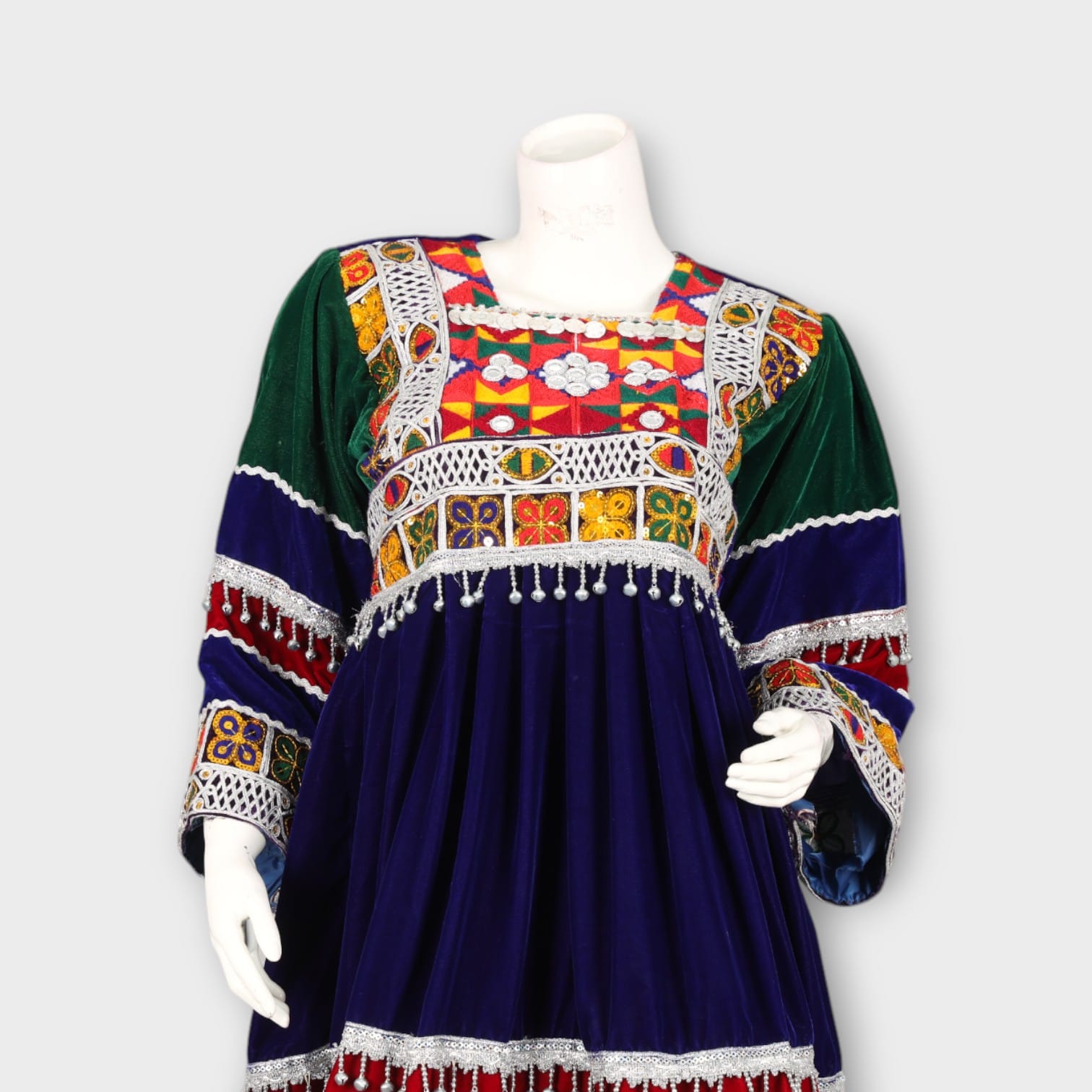 Navy and Red Traditional Afghan Three-Piece Dress with Embroidery and Red Dupatta