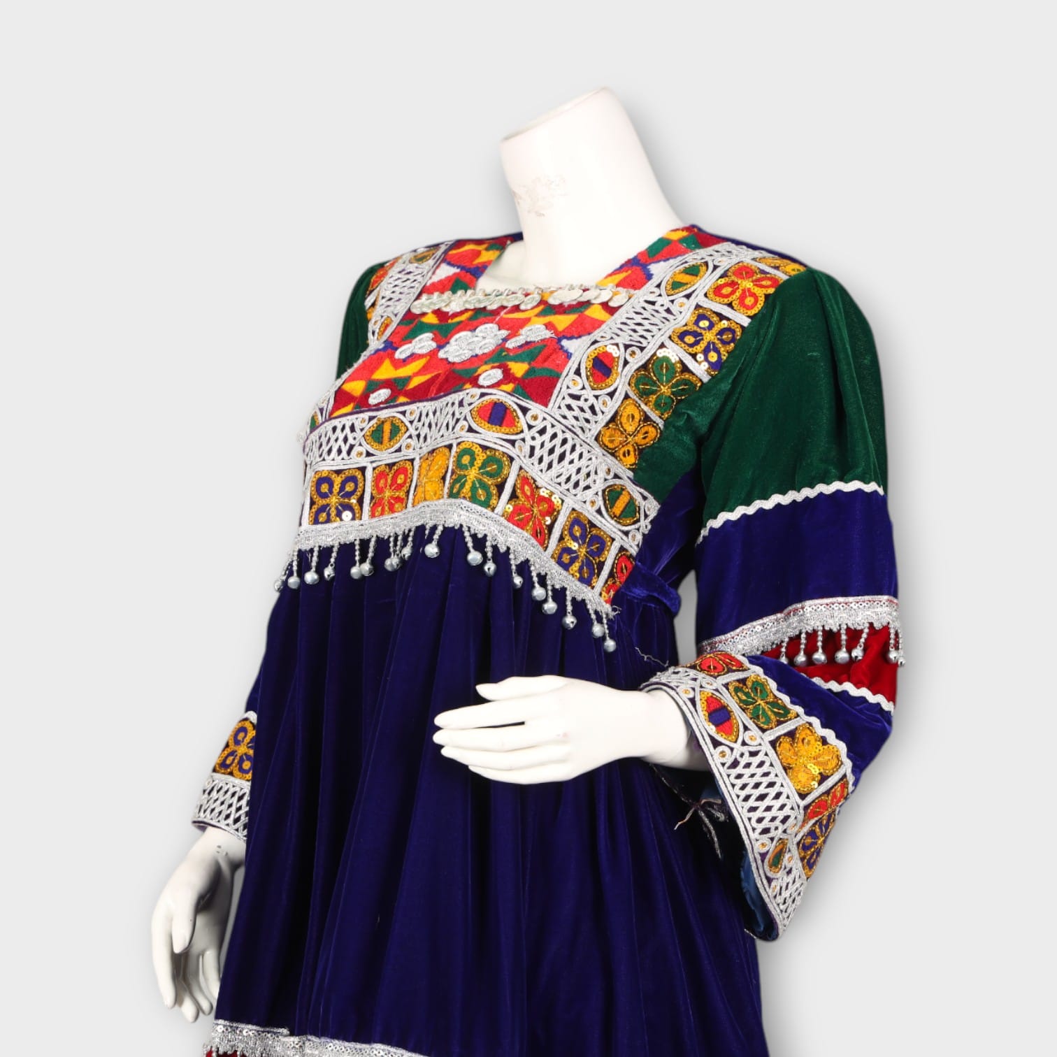 Navy and Red Traditional Afghan Three-Piece Dress with Embroidery and Red Dupatta
