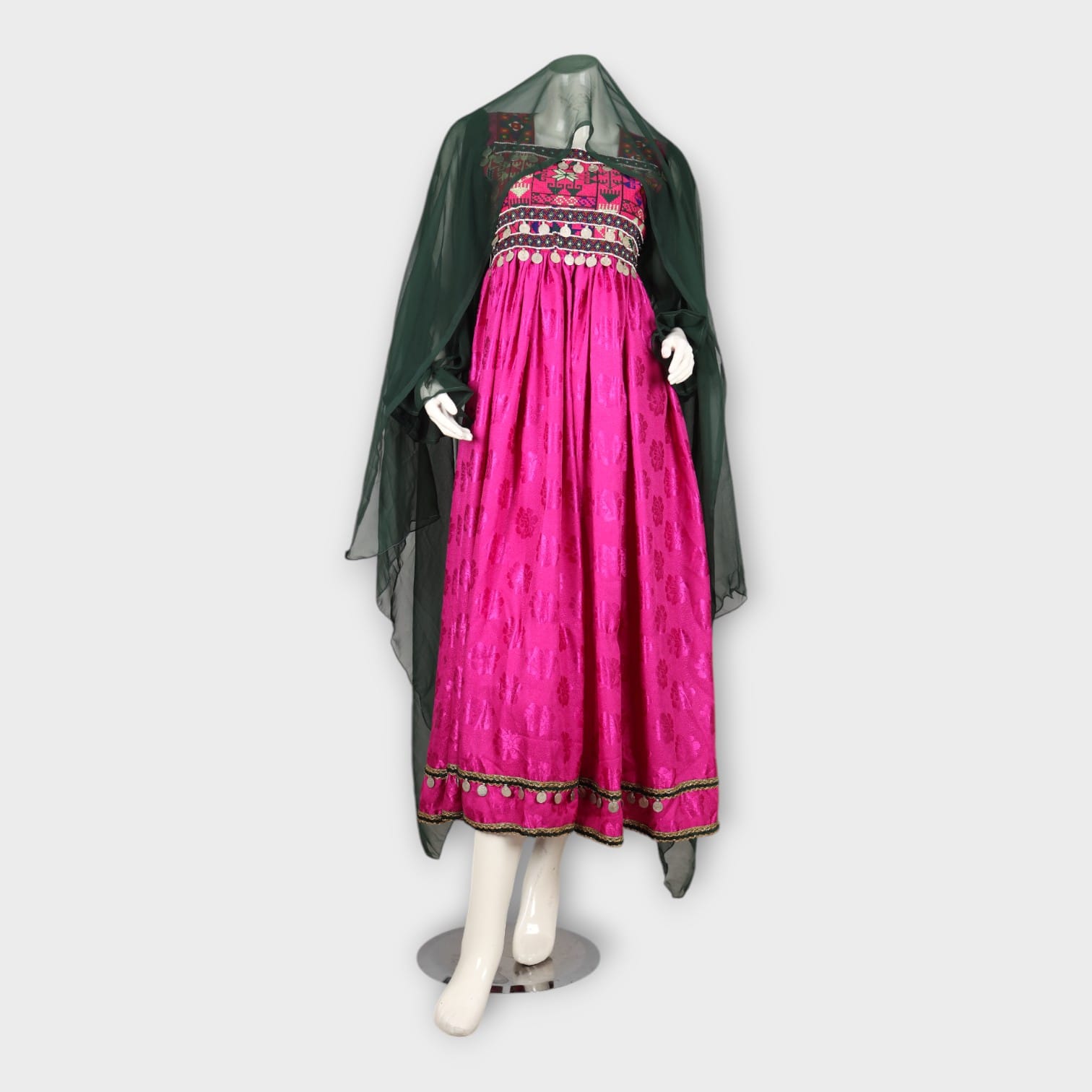 Magenta Traditional Afghan Dress with Green Chiffon Dupatta