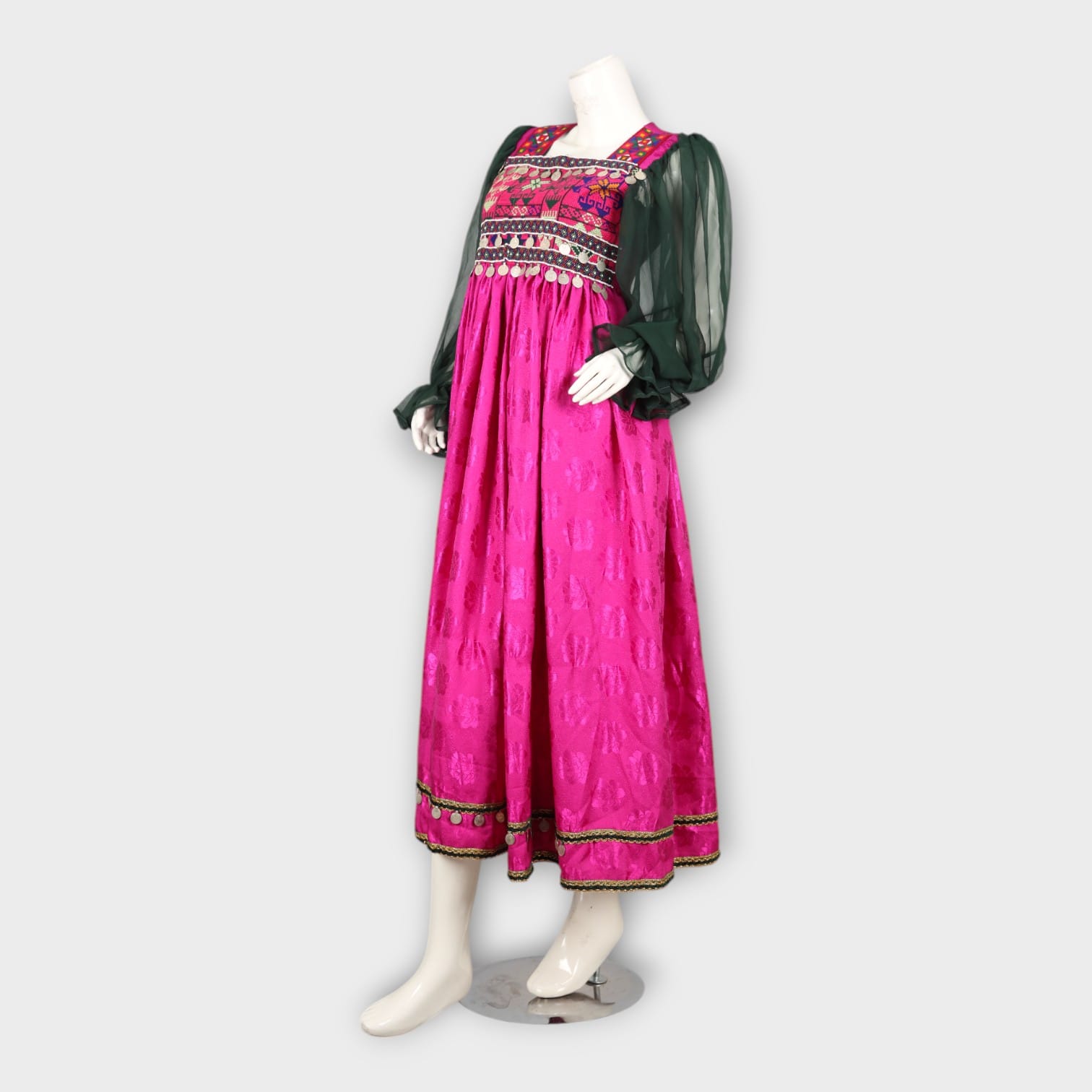 Magenta Traditional Afghan Dress with Green Chiffon Dupatta