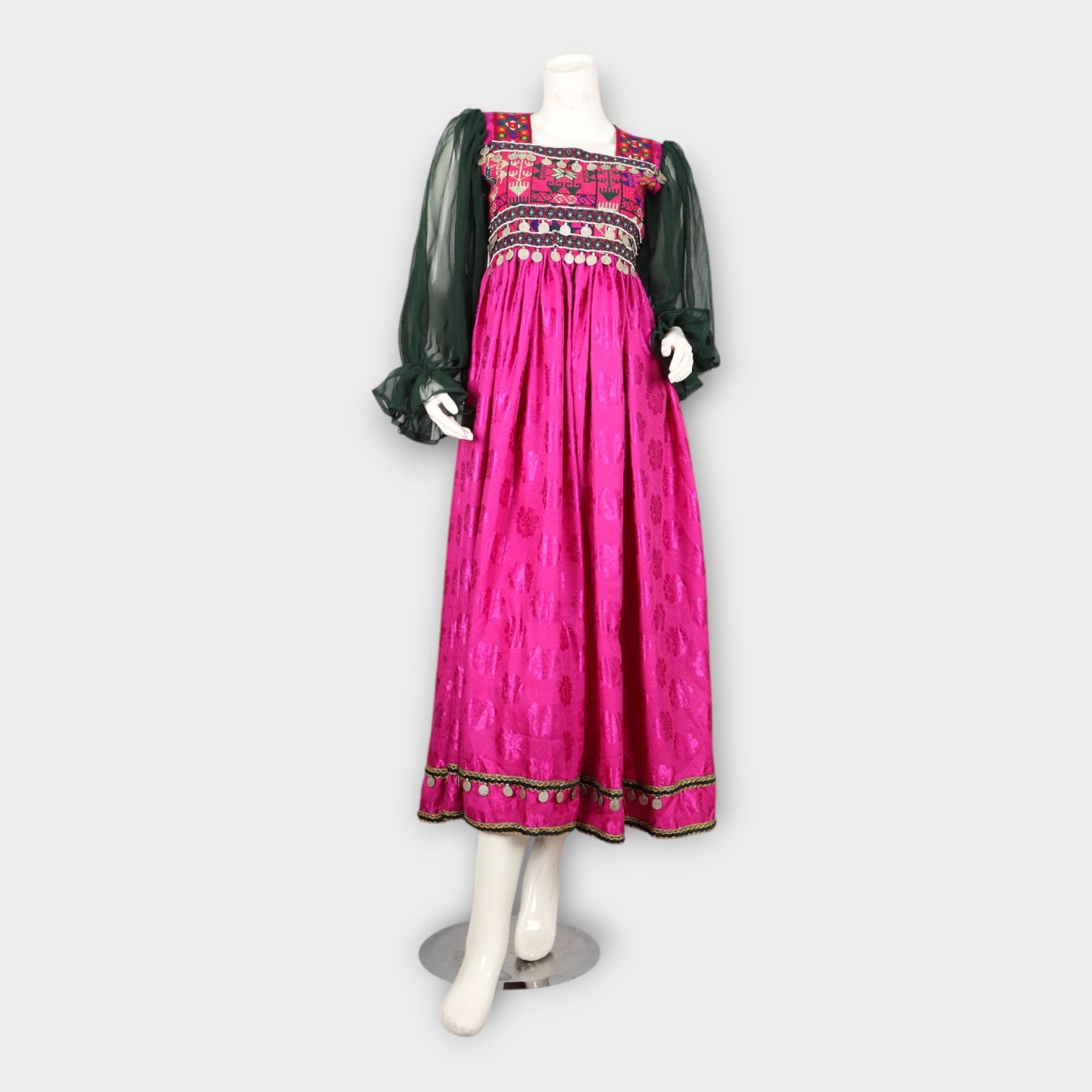 Magenta Traditional Afghan Dress with Green Chiffon Dupatta