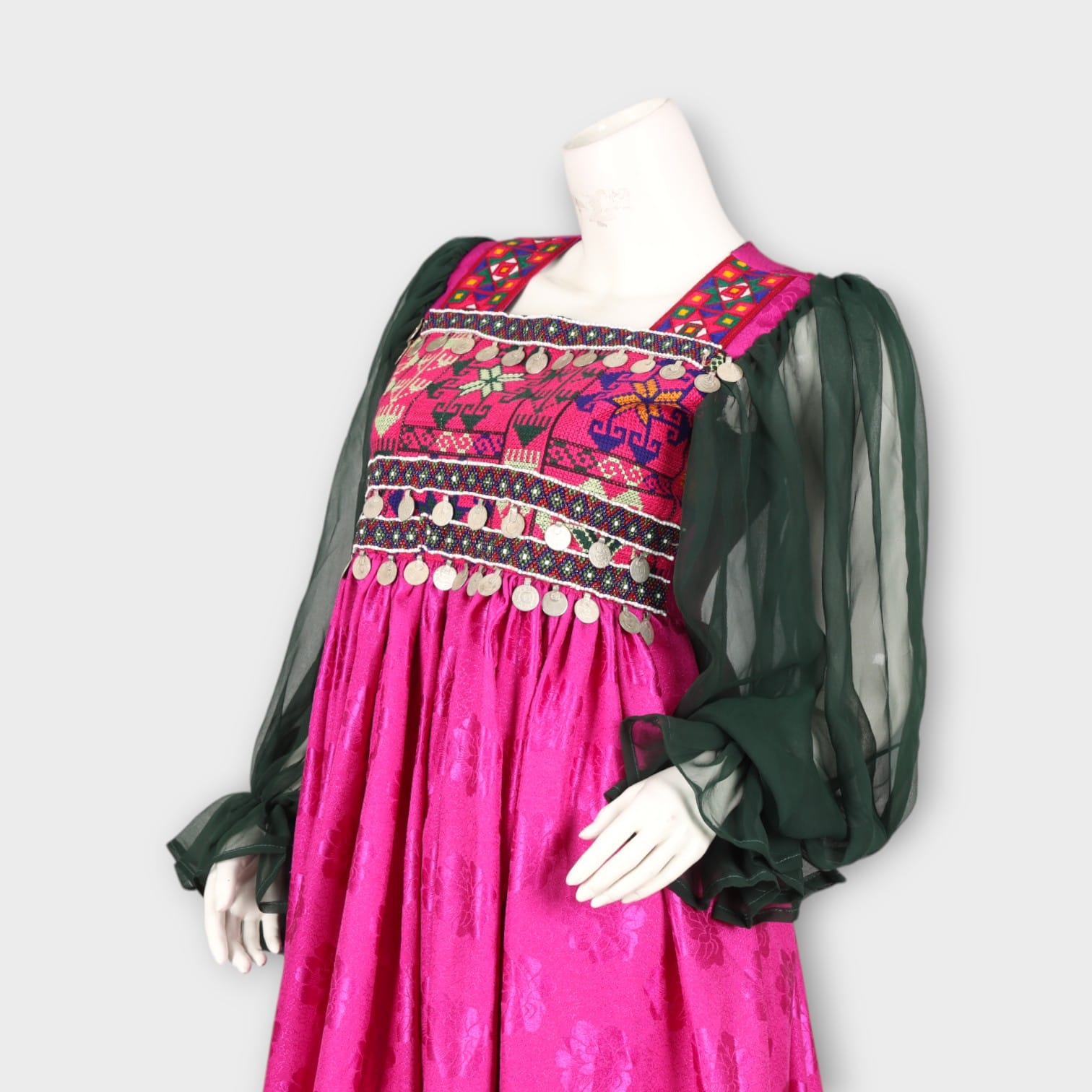 Magenta Traditional Afghan Dress with Green Chiffon Dupatta