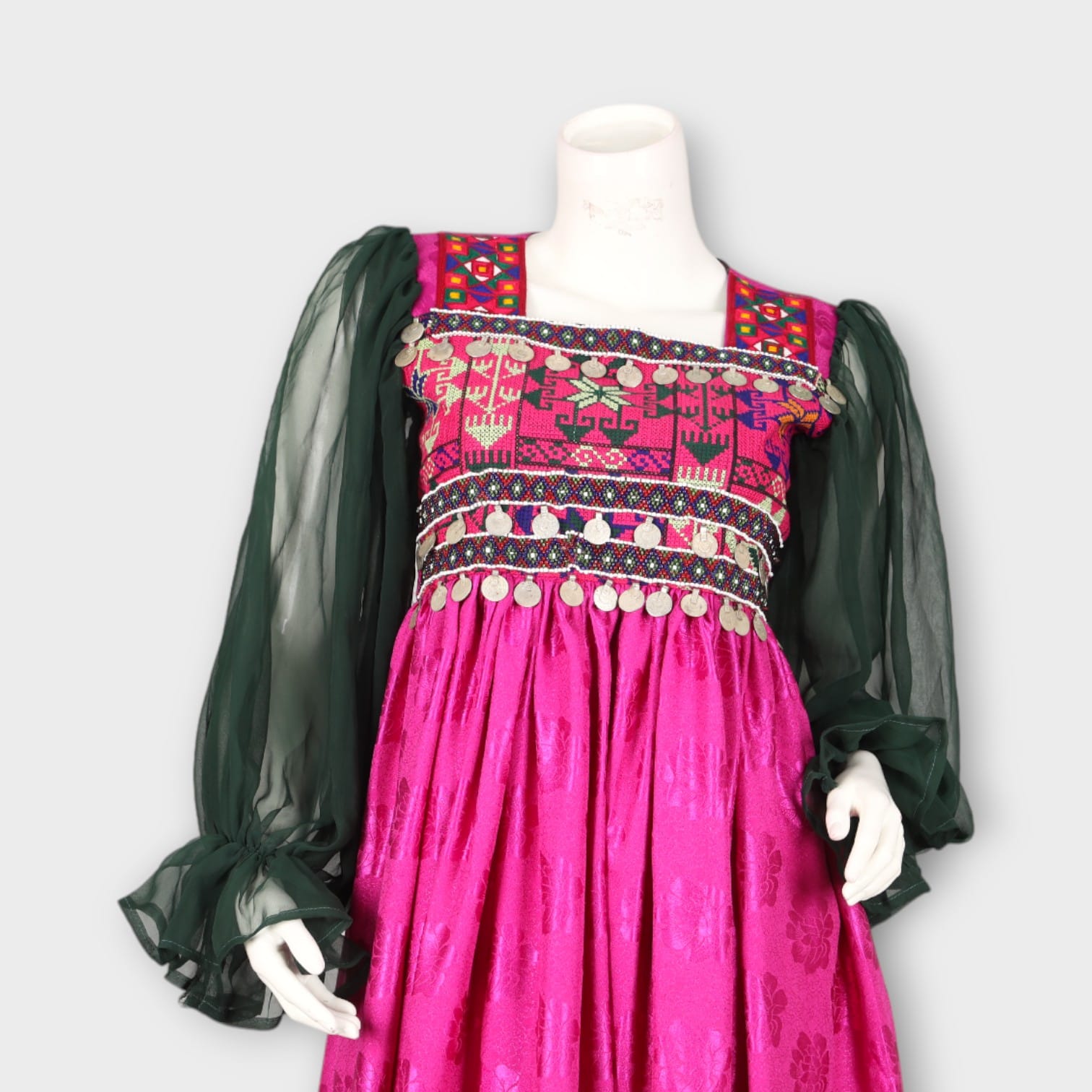 Magenta Traditional Afghan Dress with Green Chiffon Dupatta