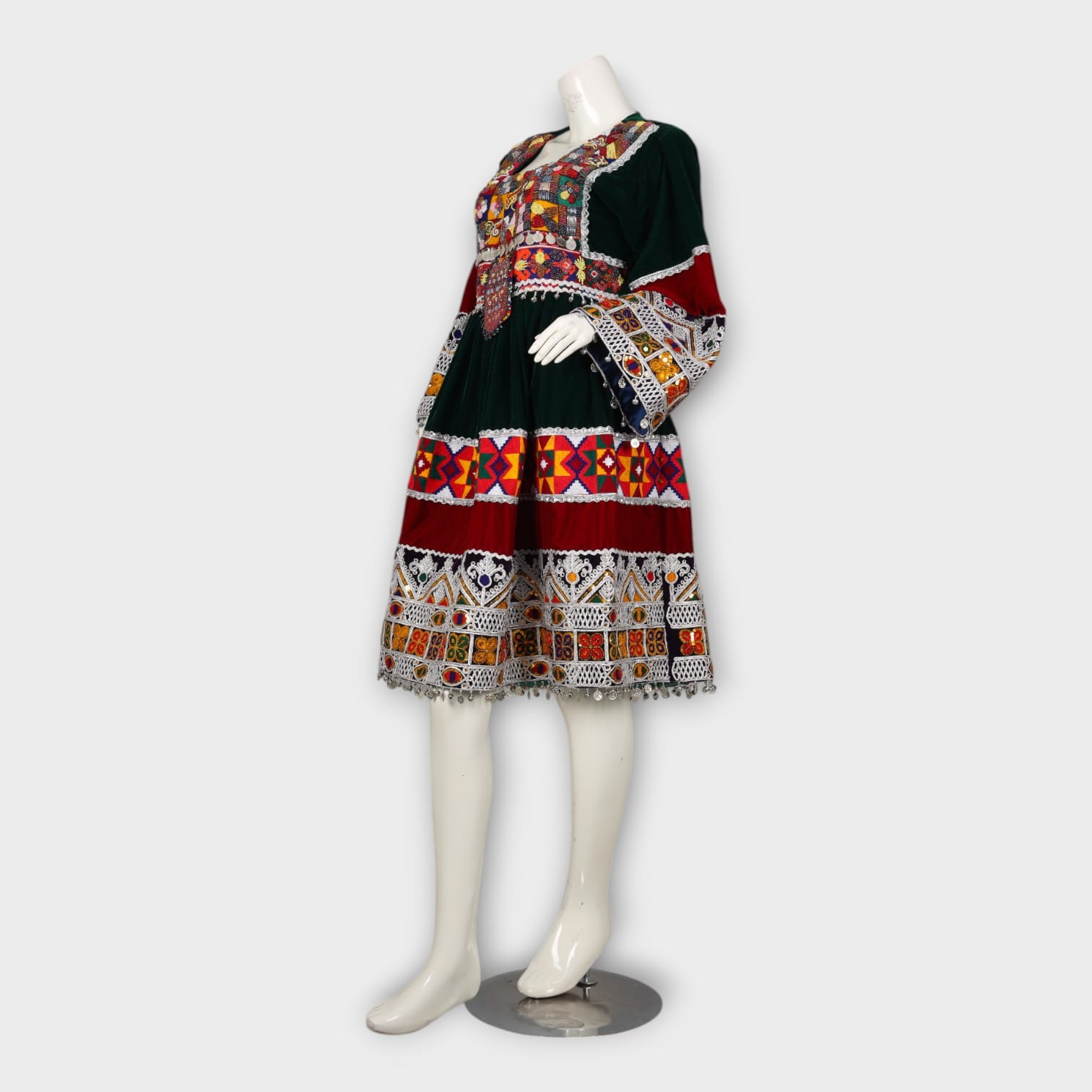Dark Green and Maroon Traditional Afghan Dress with Embroidery and Green Dupatta