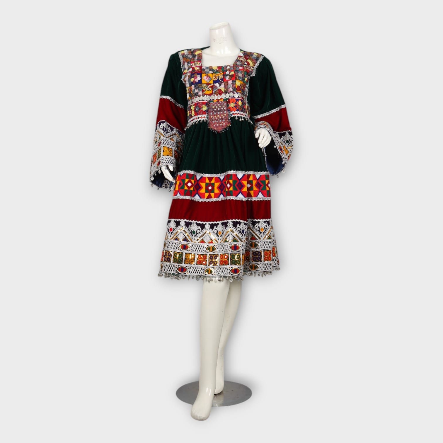Dark Green and Maroon Traditional Afghan Dress with Embroidery and Green Dupatta
