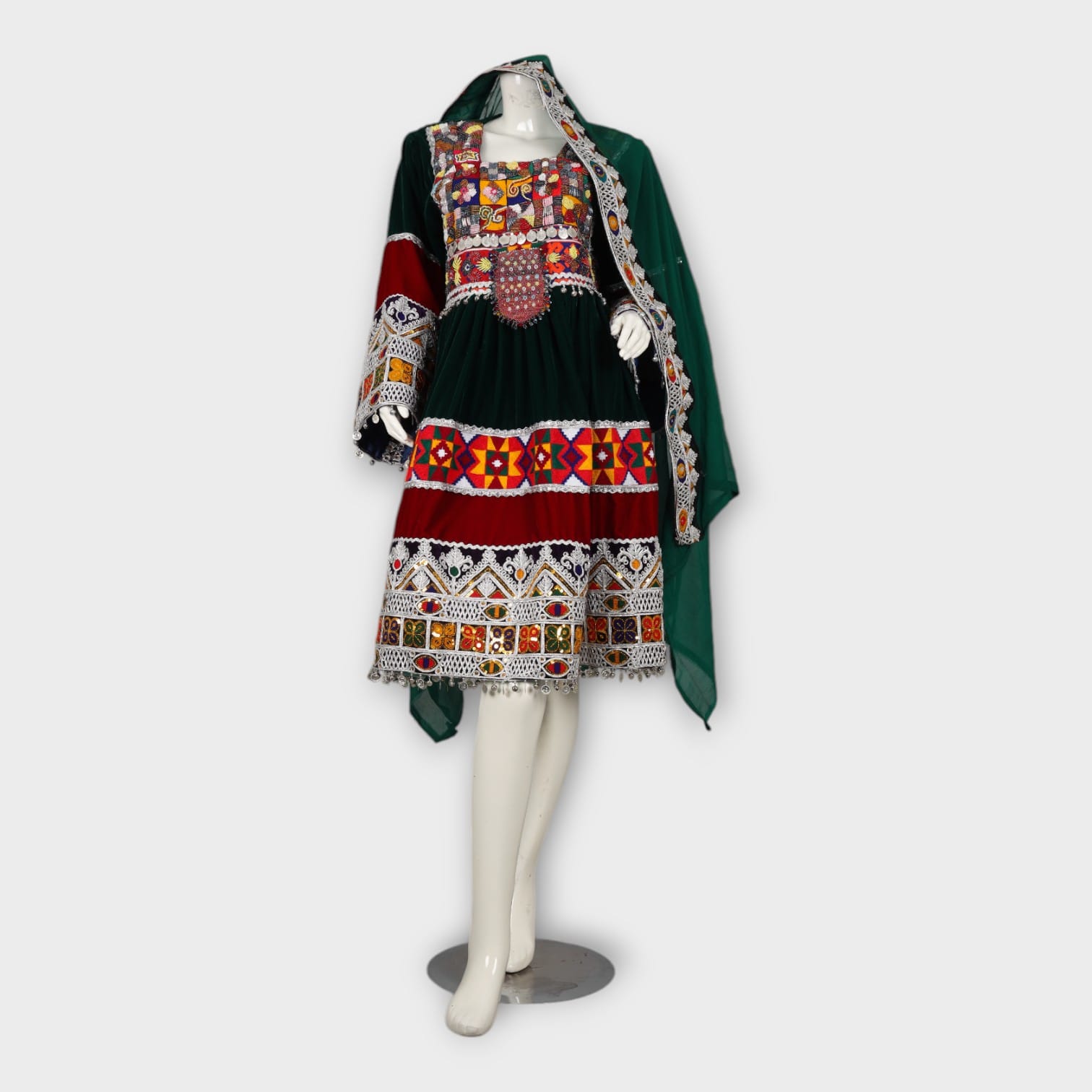 Dark Green and Maroon Traditional Afghan Dress with Embroidery and Green Dupatta