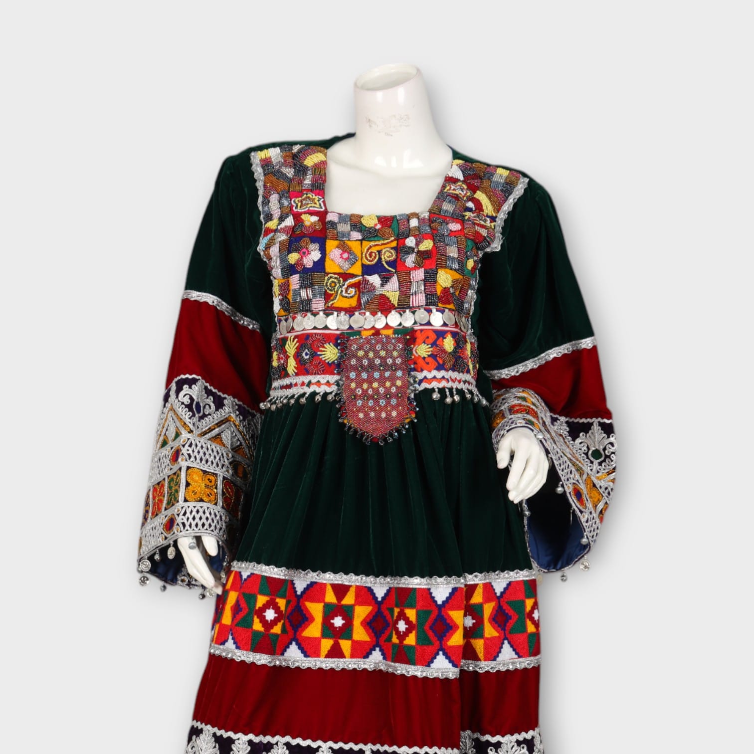 Dark Green and Maroon Traditional Afghan Dress with Embroidery and Green Dupatta