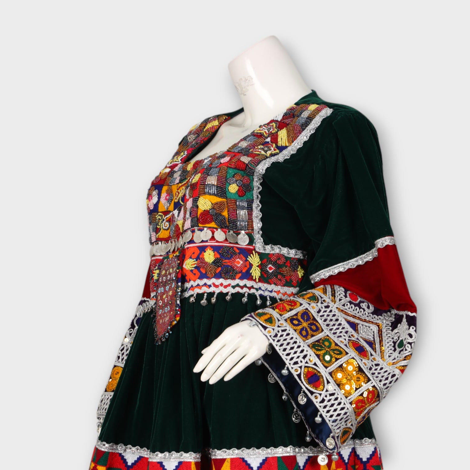 Dark Green and Maroon Traditional Afghan Dress with Embroidery and Green Dupatta