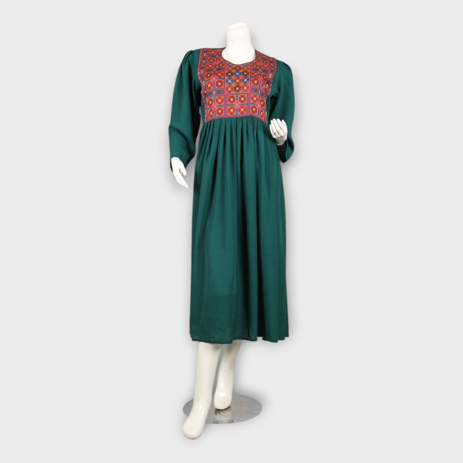 Emerald Green Afghan Dress with Traditional Embroidered Chest Panel