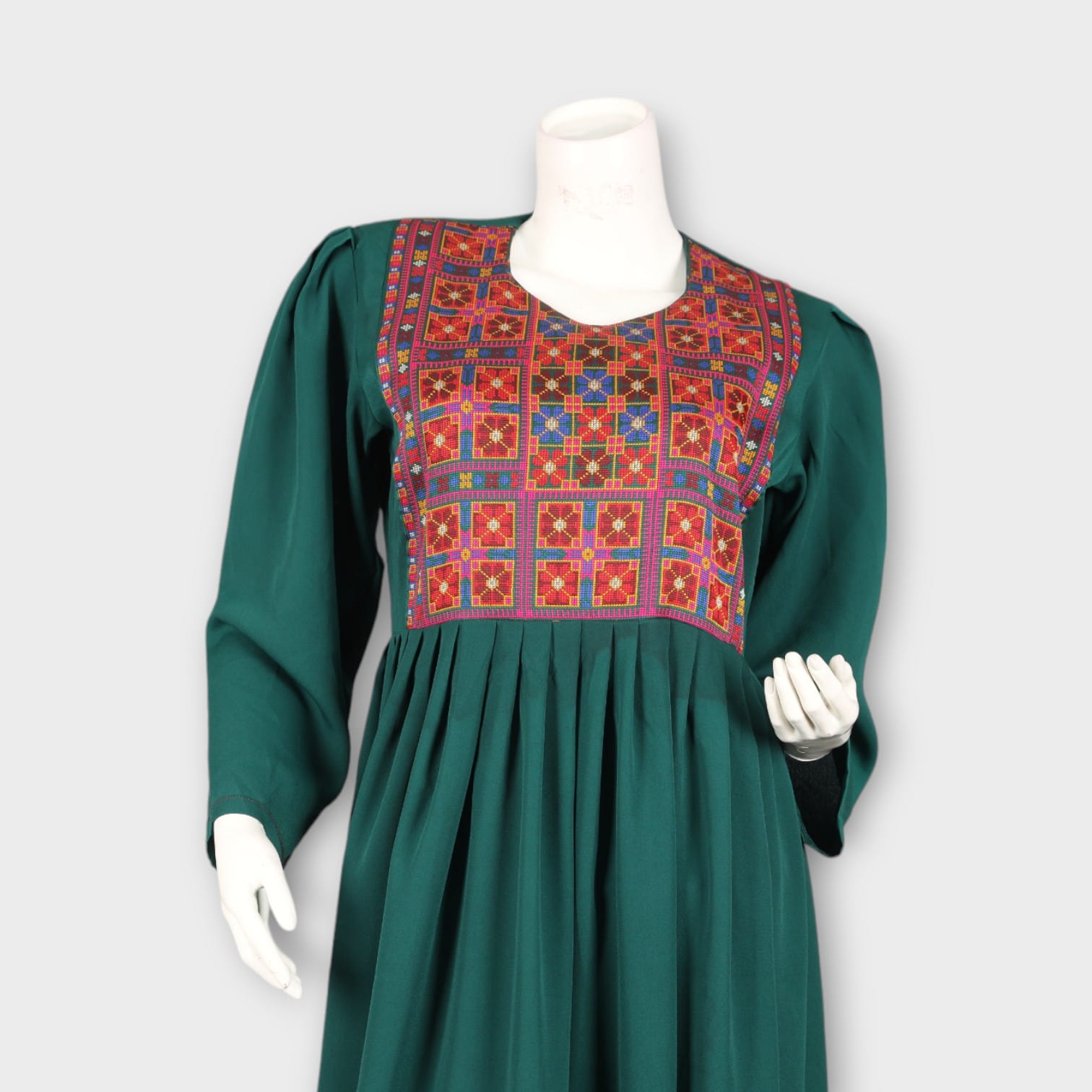 Emerald Green Afghan Dress with Traditional Embroidered Chest Panel