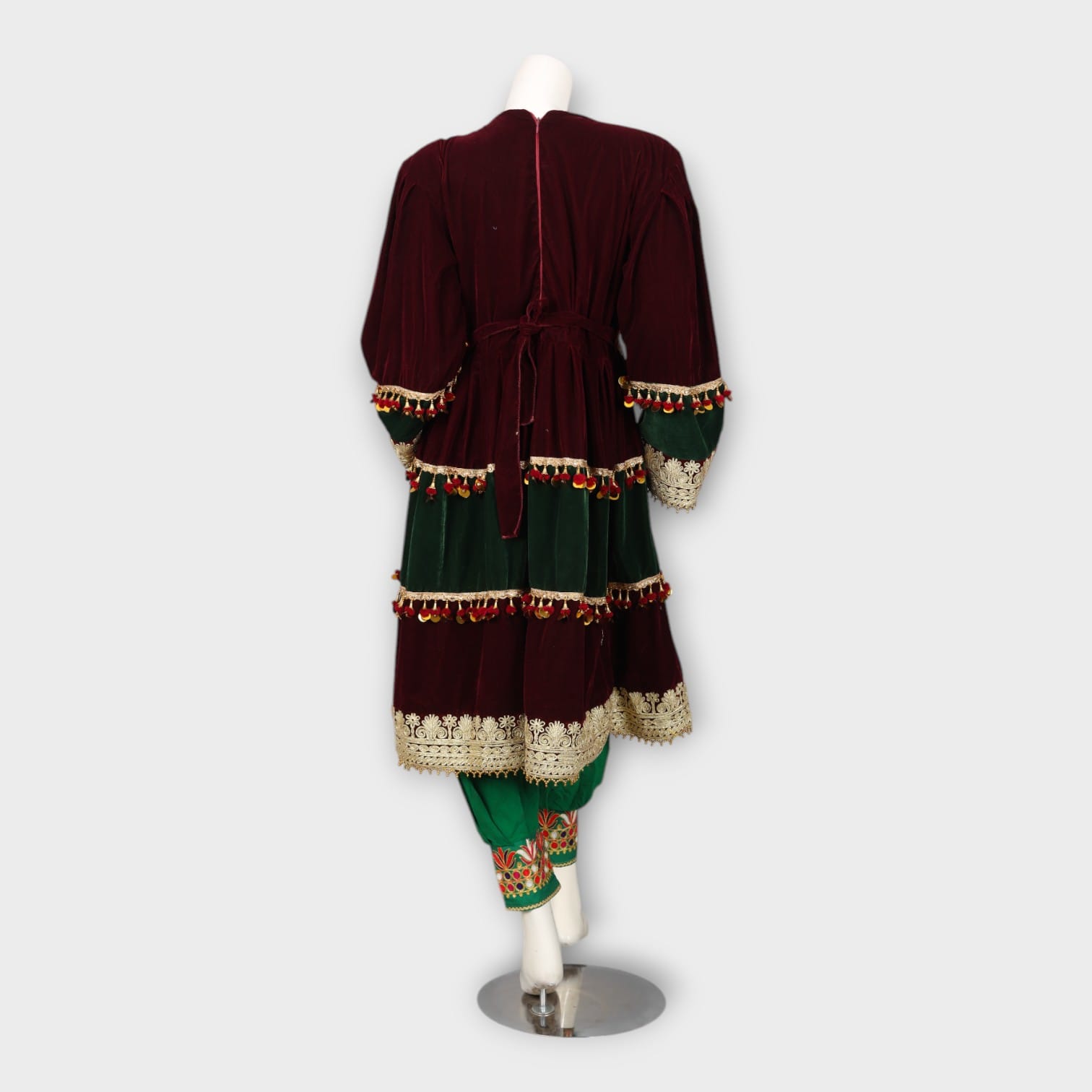 Velvet Maroon & Green Traditional Afghan Dress