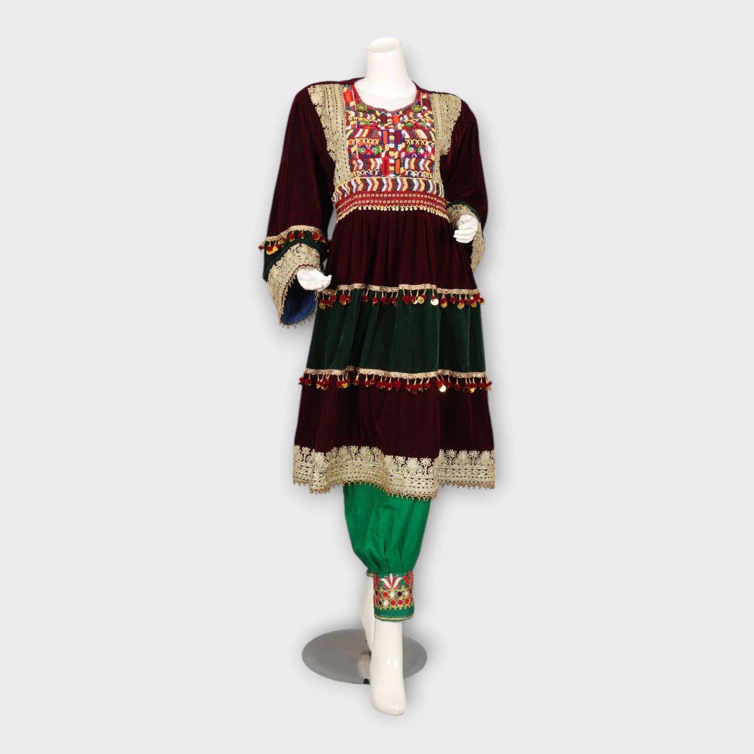 Velvet Maroon & Green Traditional Afghan Dress